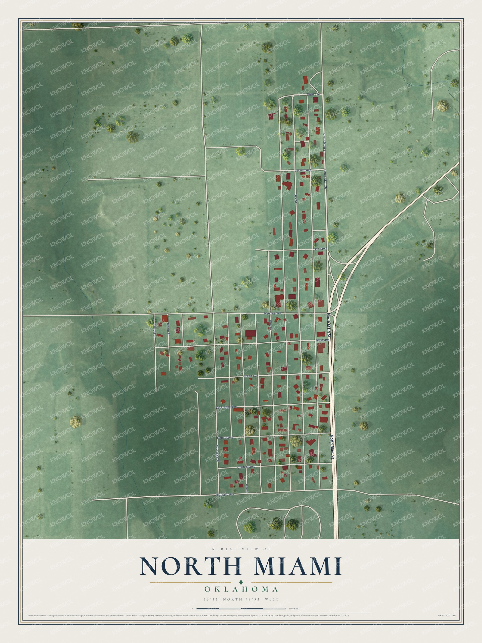 Full map of North Miami, Oklahoma, with red buildings, printed street names and the land around them