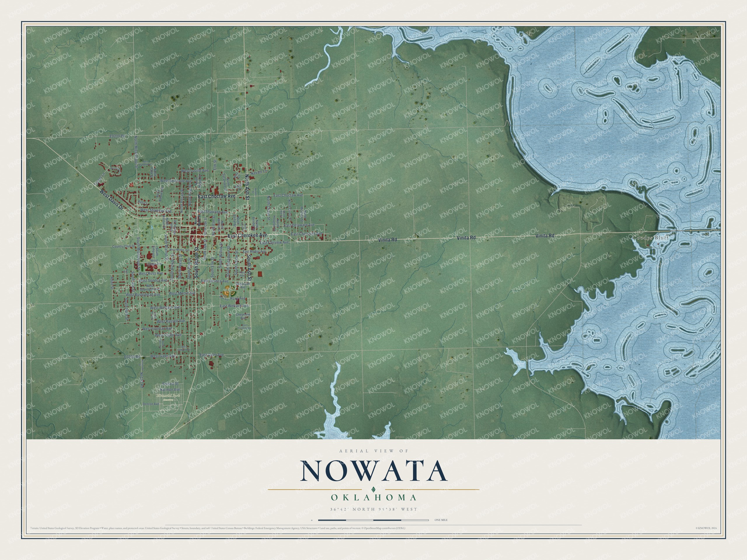 Full map of Nowata, Oklahoma, with red buildings, printed street names and the land around them
