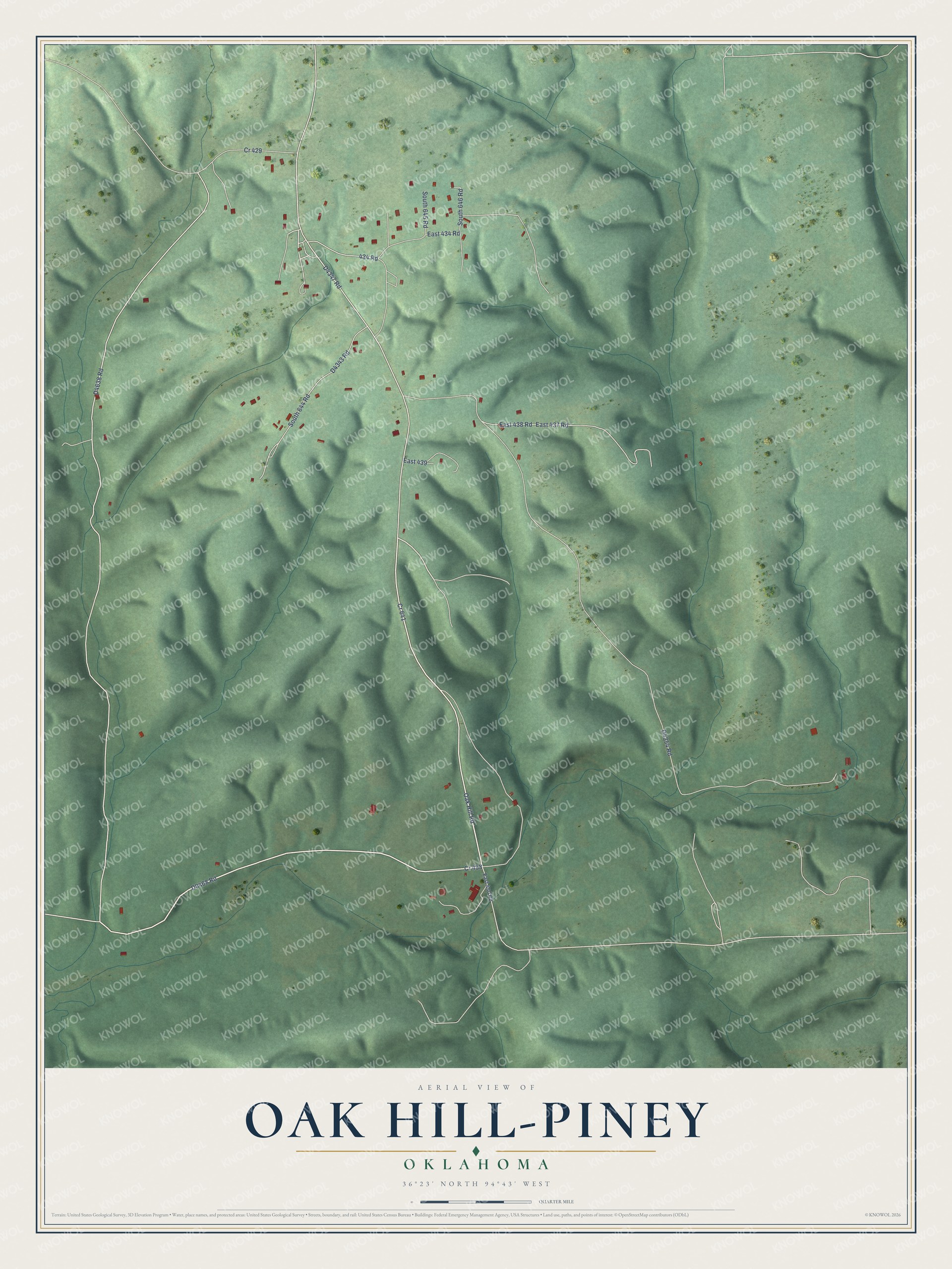 Full map of Oak Hill-Piney, Oklahoma, with red buildings, printed street names and the land around them