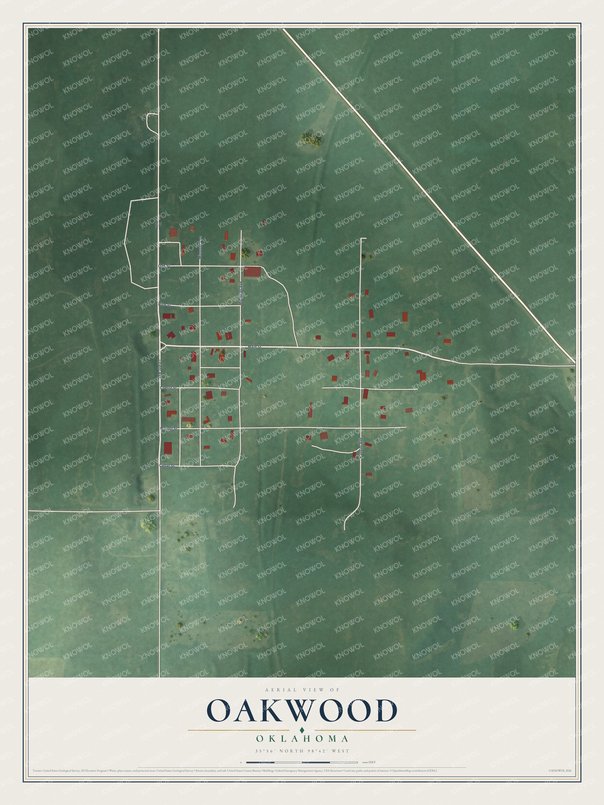 Full map of Oakwood, Oklahoma, with red buildings, printed street names and the land around them