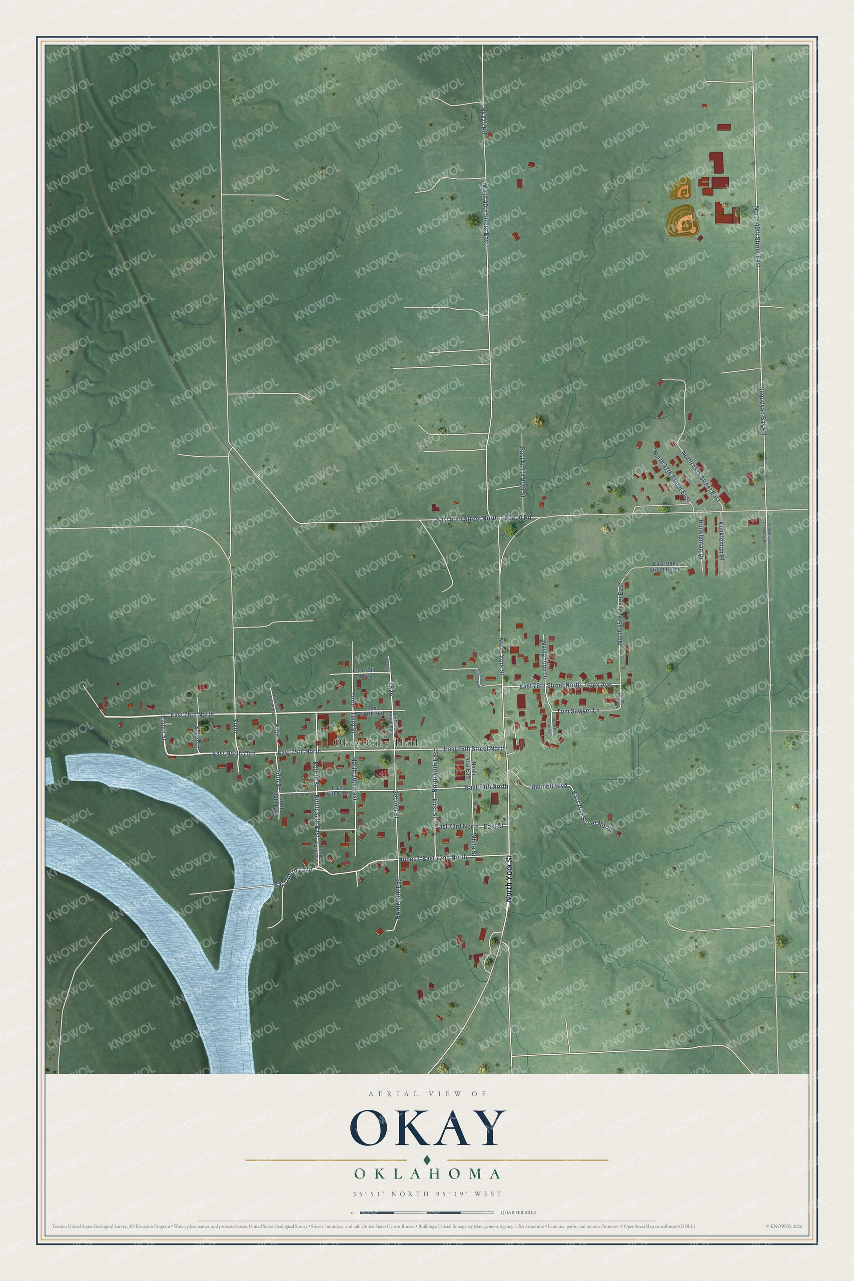 Full map of Okay, Oklahoma, with red buildings, printed street names and the land around them