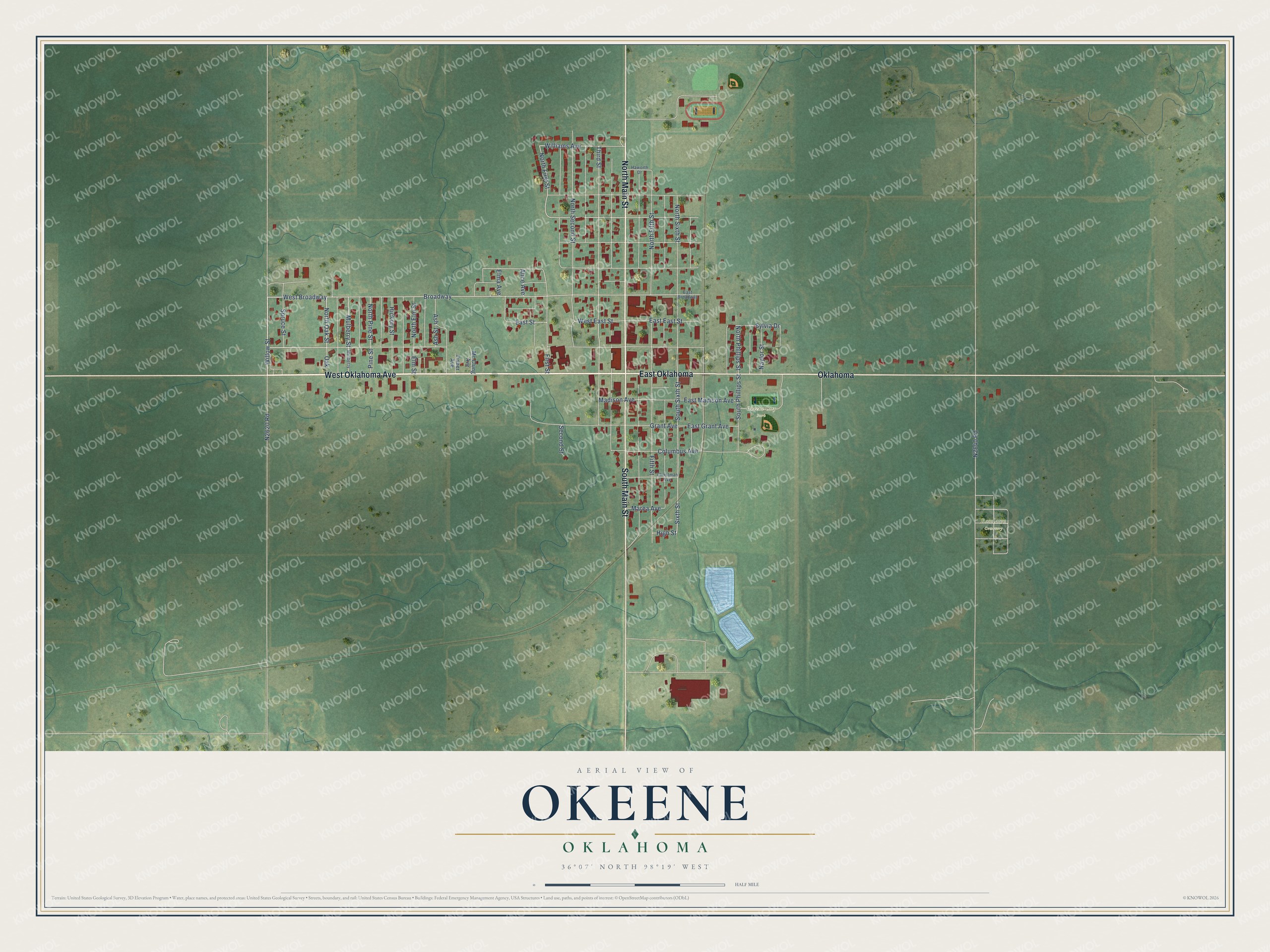 Full map of Okeene, Oklahoma, with red buildings, printed street names and the land around them