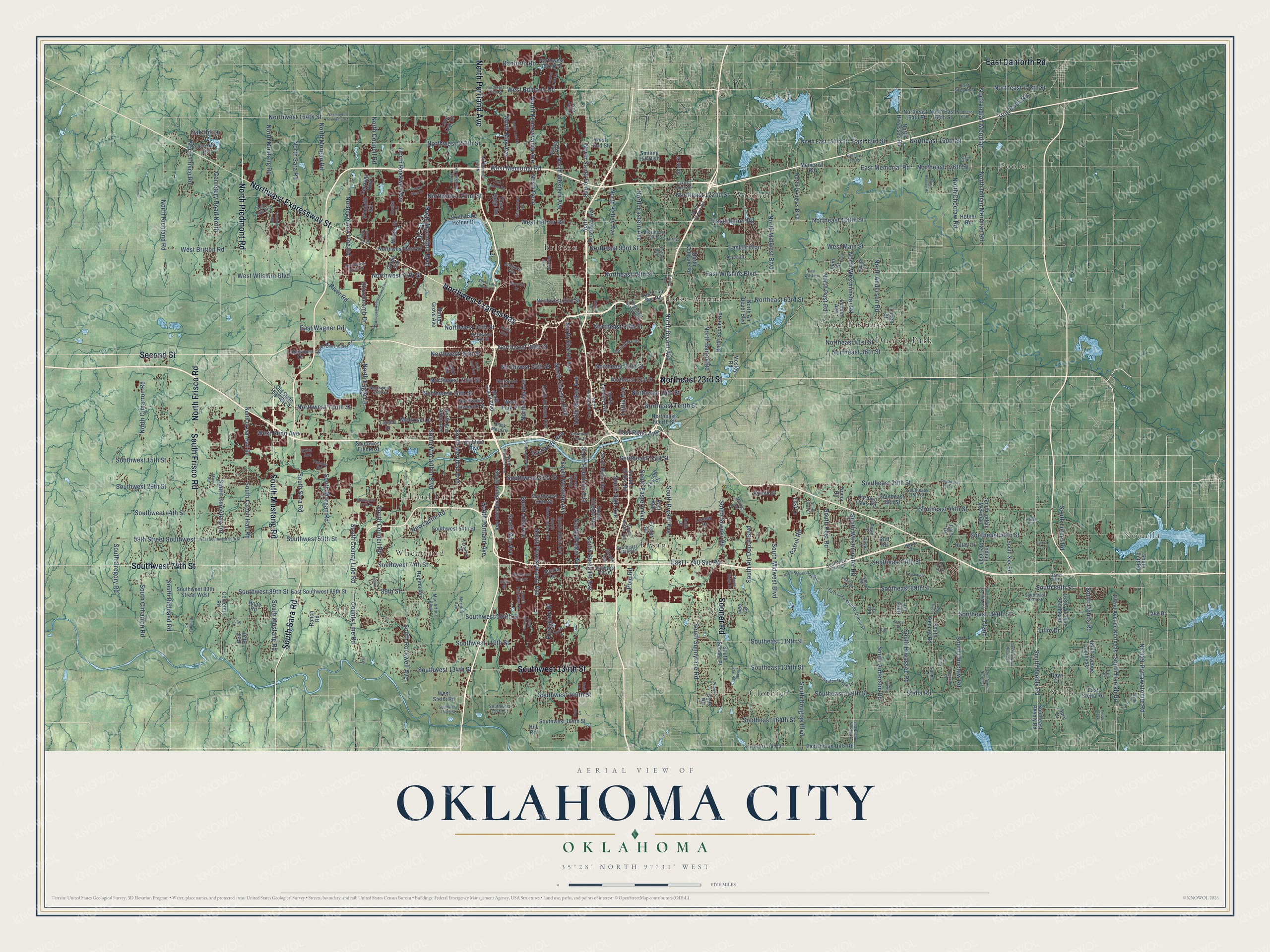 Full map of Oklahoma City, Oklahoma, with red buildings, printed street names and the land around them