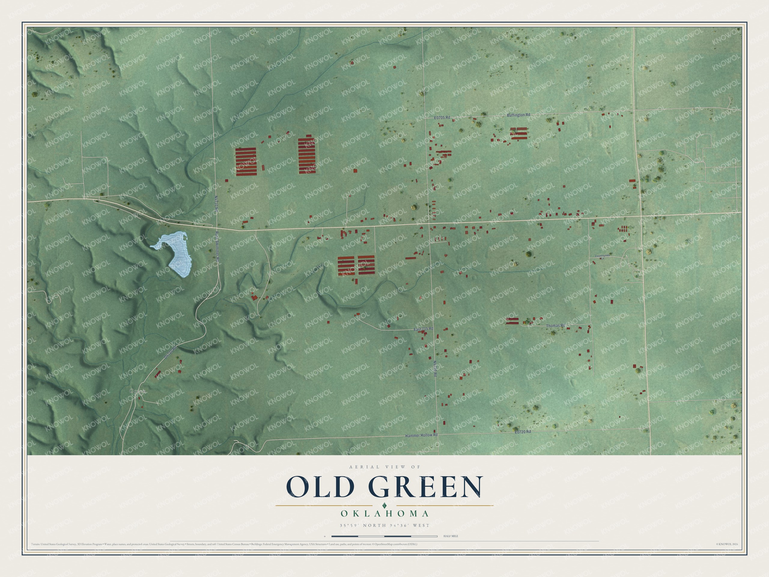 Full map of Old Green, Oklahoma, with red buildings, printed street names and the land around them