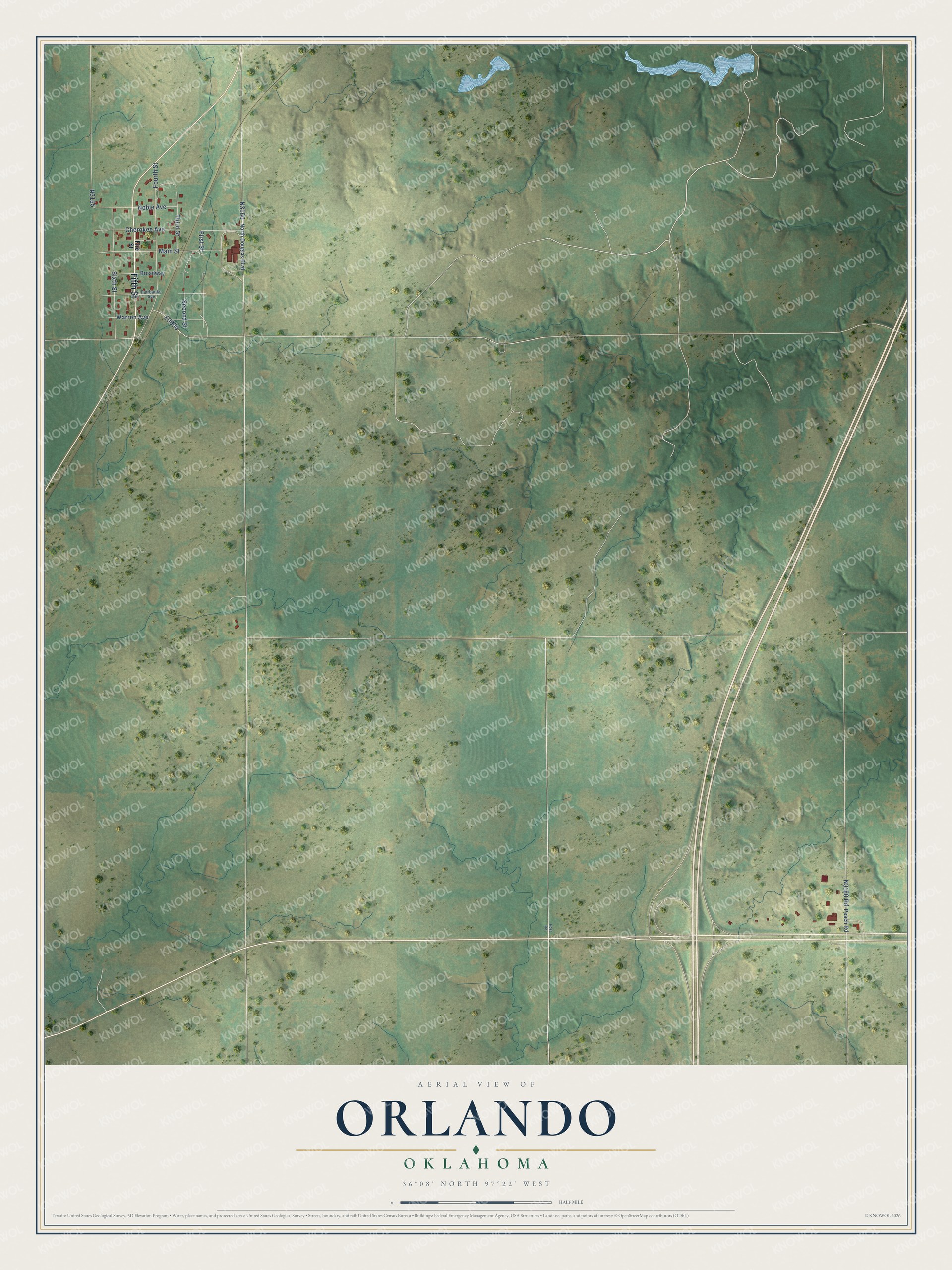 Full map of Orlando, Oklahoma, with red buildings, printed street names and the land around them