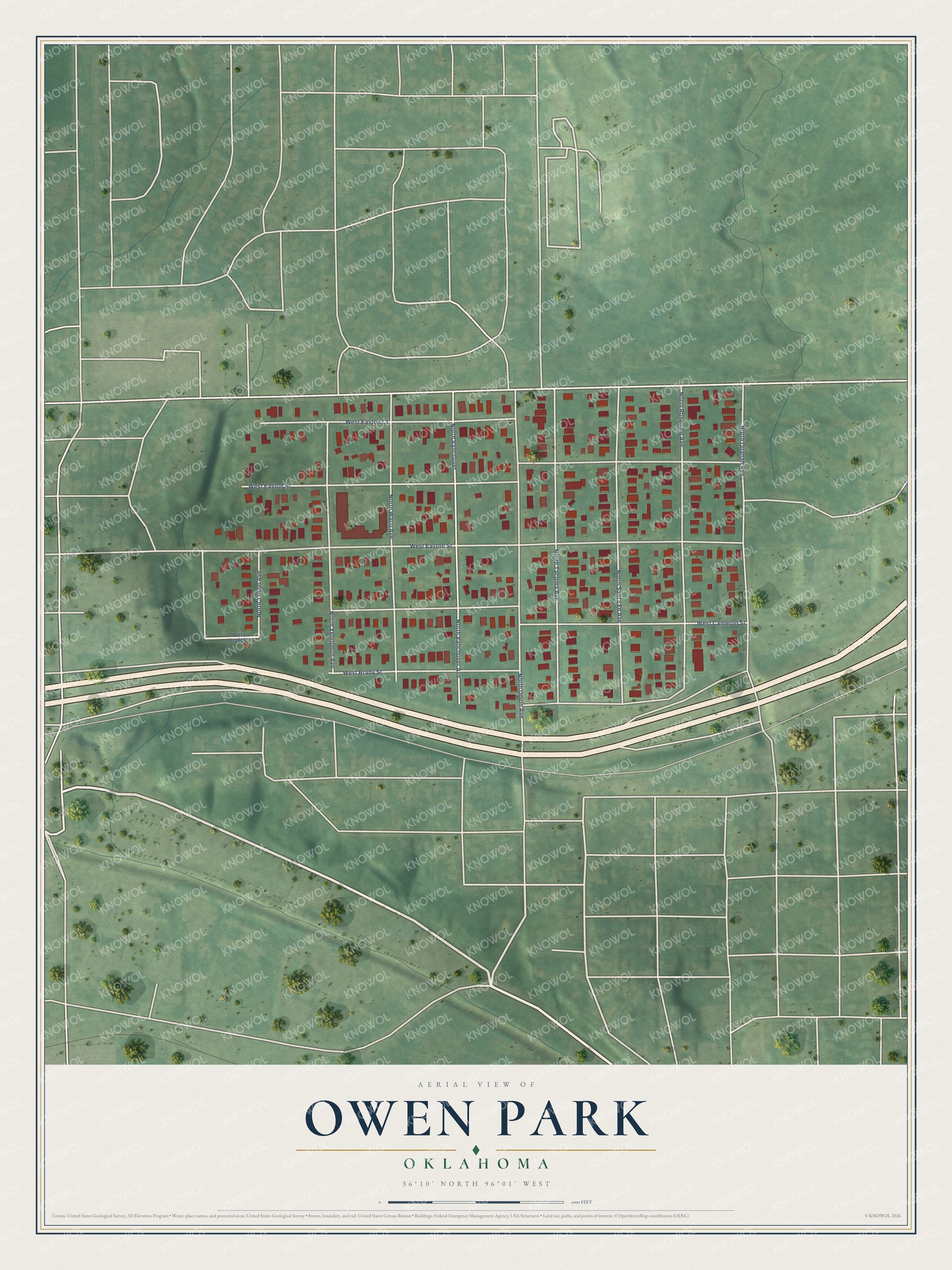 Full map of Owen Park, Oklahoma, with red buildings, printed street names and the land around them