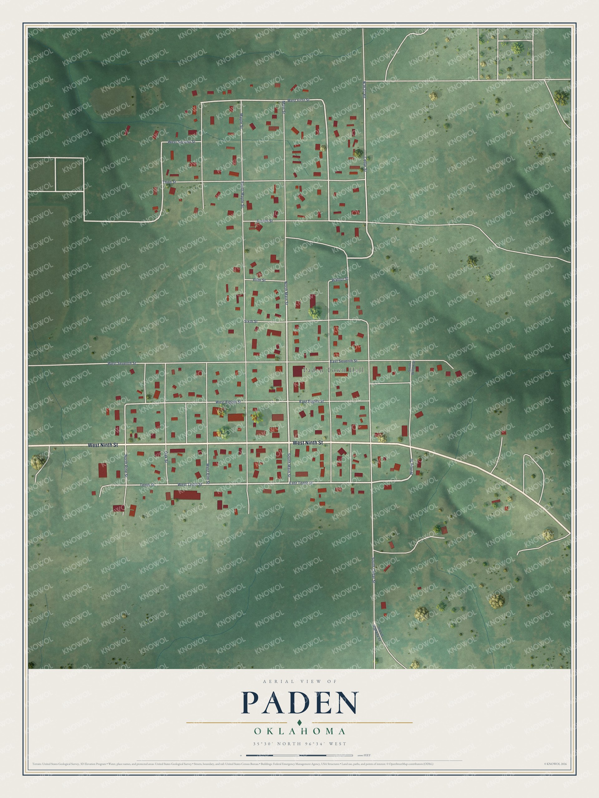 Full map of Paden, Oklahoma, with red buildings, printed street names and the land around them