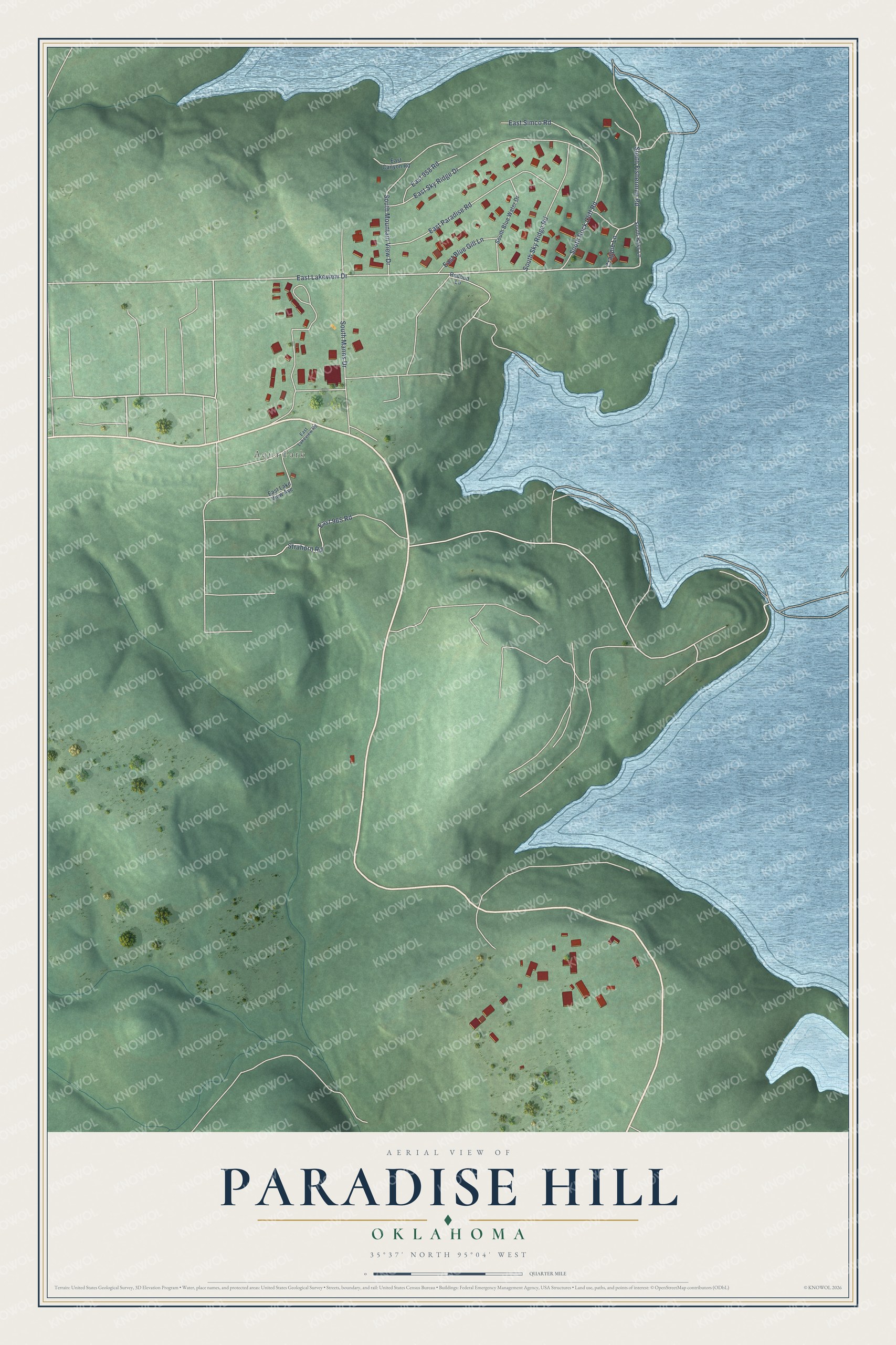 Full map of Paradise Hill, Oklahoma, with red buildings, printed street names and the land around them