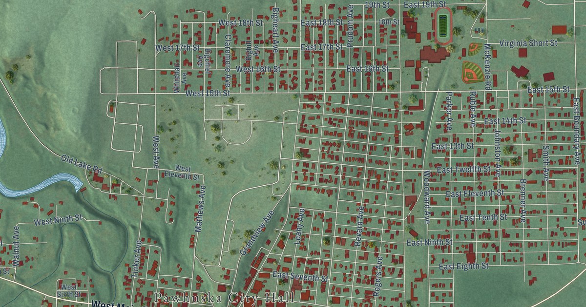 Close view of the most built-up part of Pawhuska, Oklahoma, with rows of red buildings along its streets