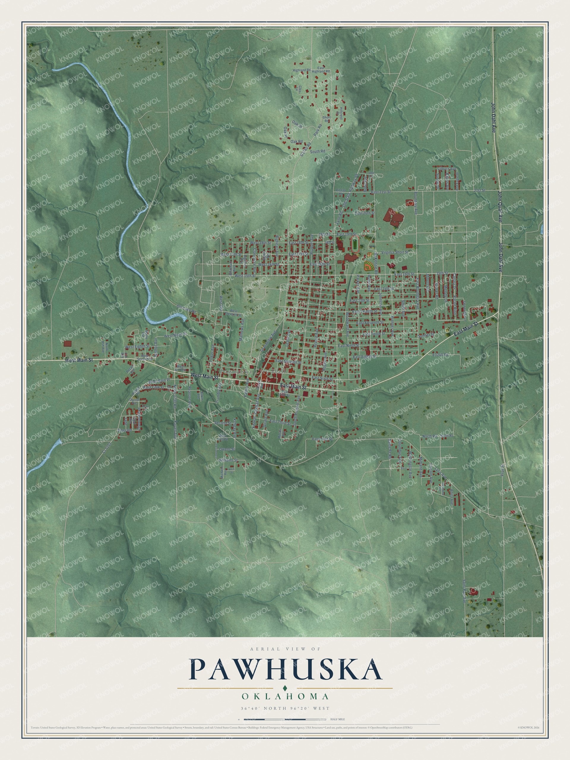 Full map of Pawhuska, Oklahoma, with red buildings, printed street names and the land around them