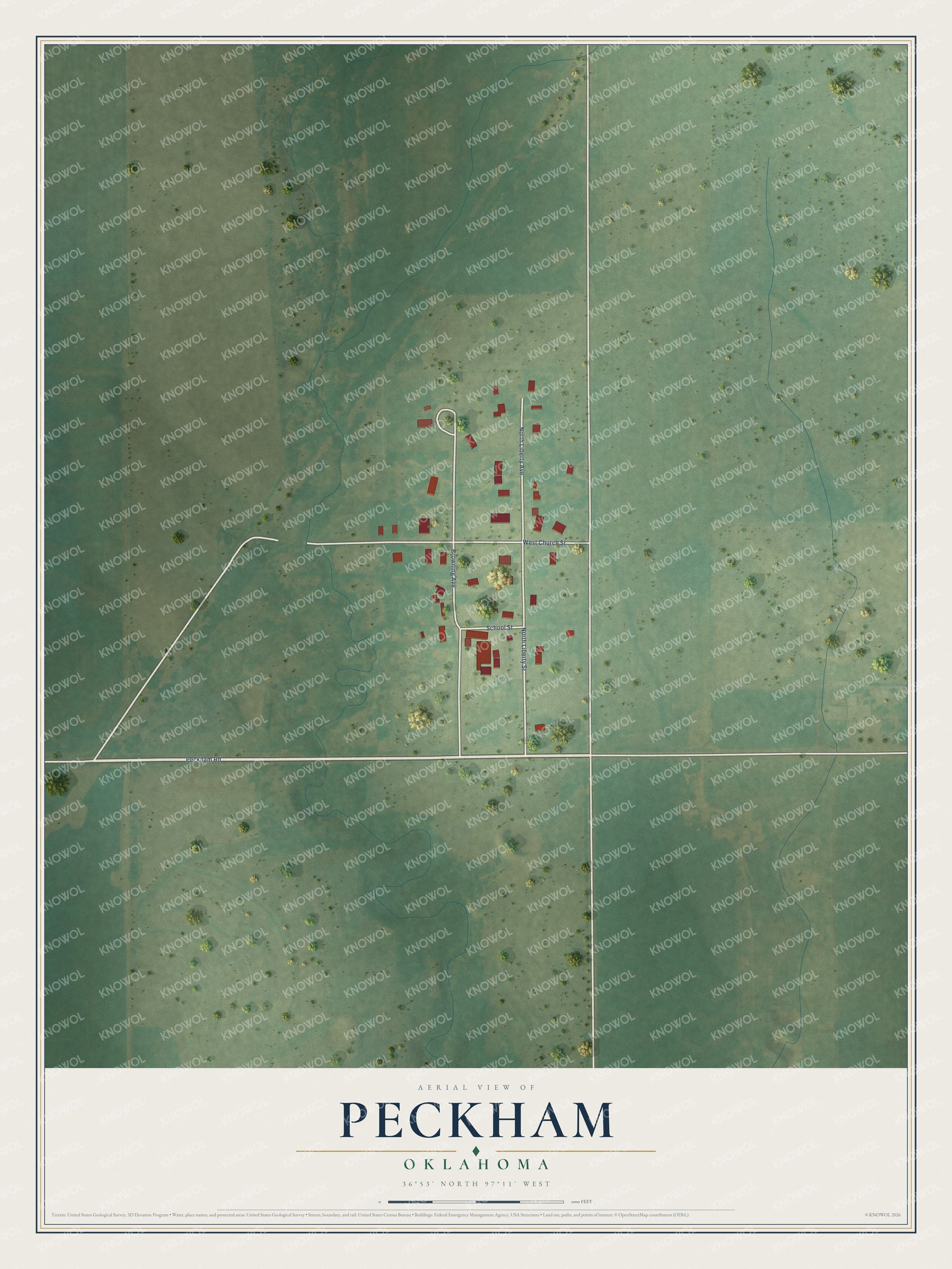 Full map of Peckham, Oklahoma, with red buildings, printed street names and the land around them