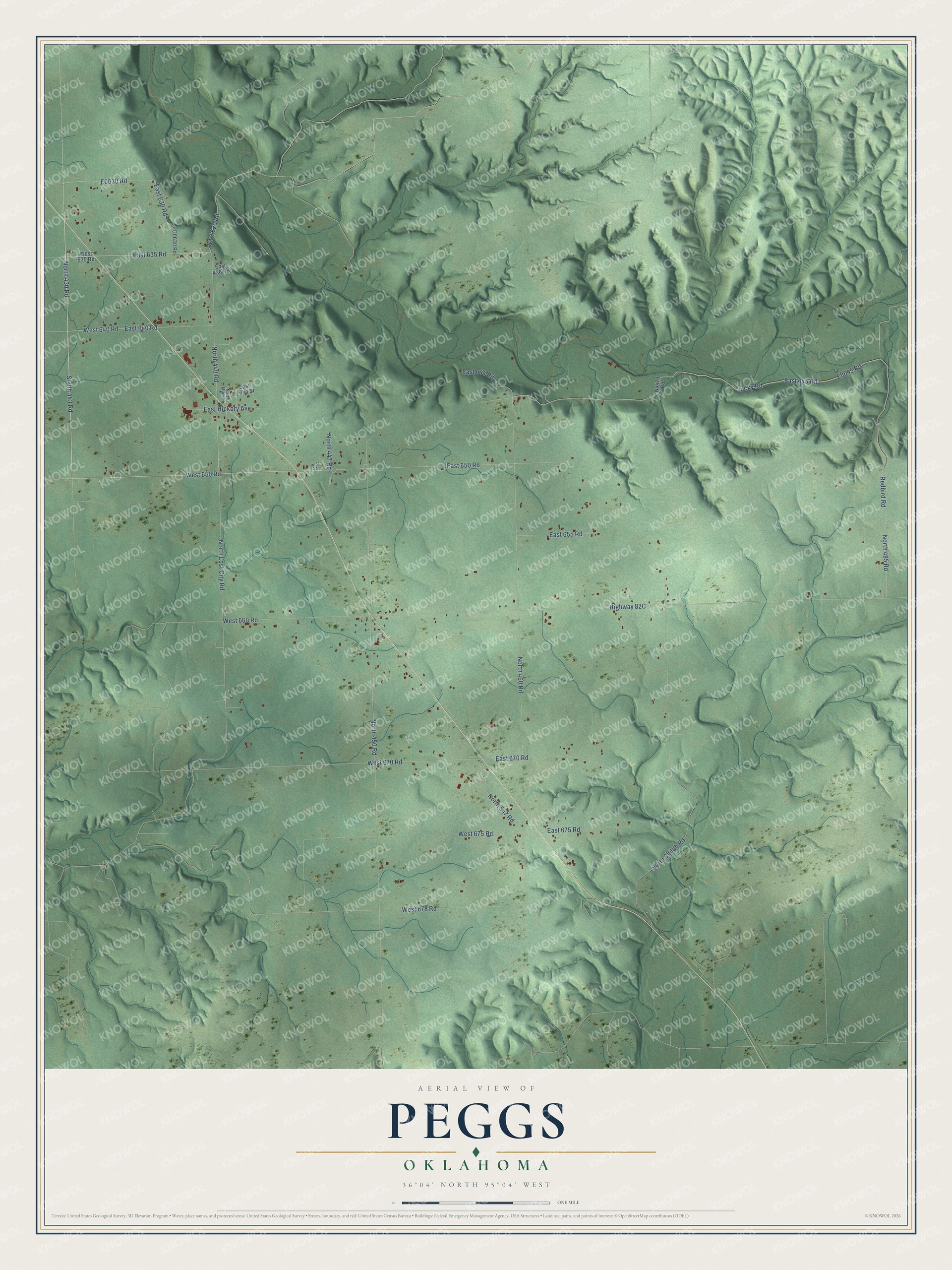 Full map of Peggs, Oklahoma, with red buildings, printed street names and the land around them