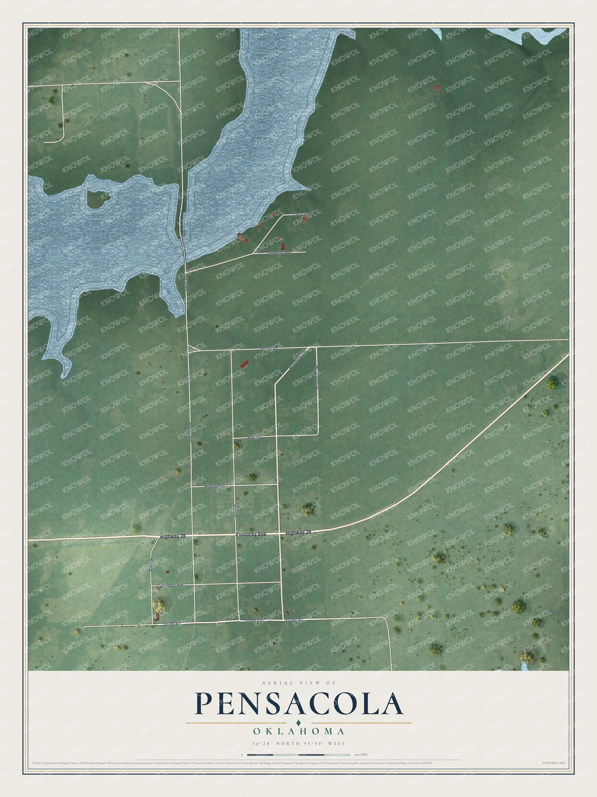 Full map of Pensacola, Oklahoma, with red buildings, printed street names and the land around them