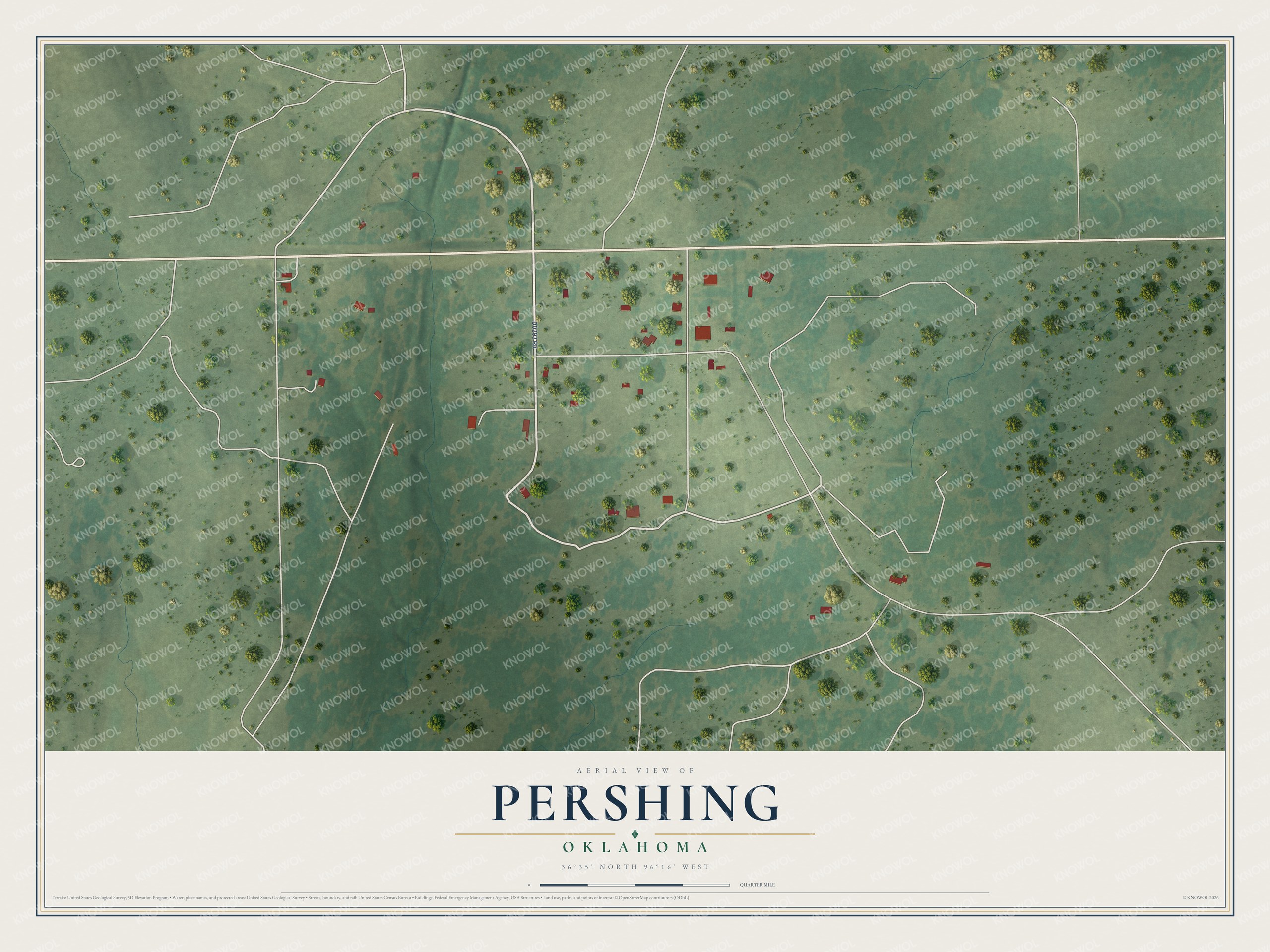 Full map of Pershing, Oklahoma, with red buildings, printed street names and the land around them