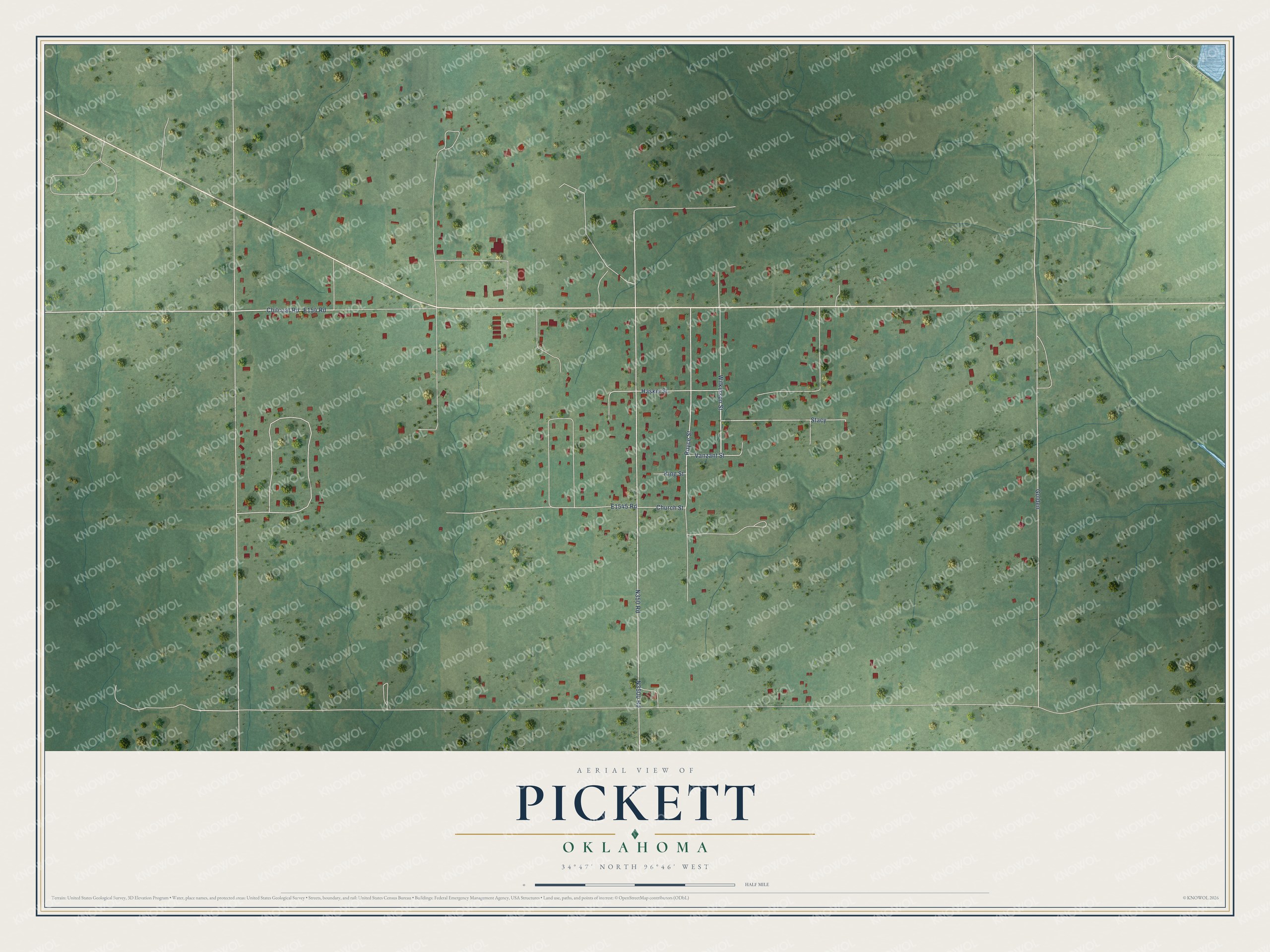 Full map of Pickett, Oklahoma, with red buildings, printed street names and the land around them