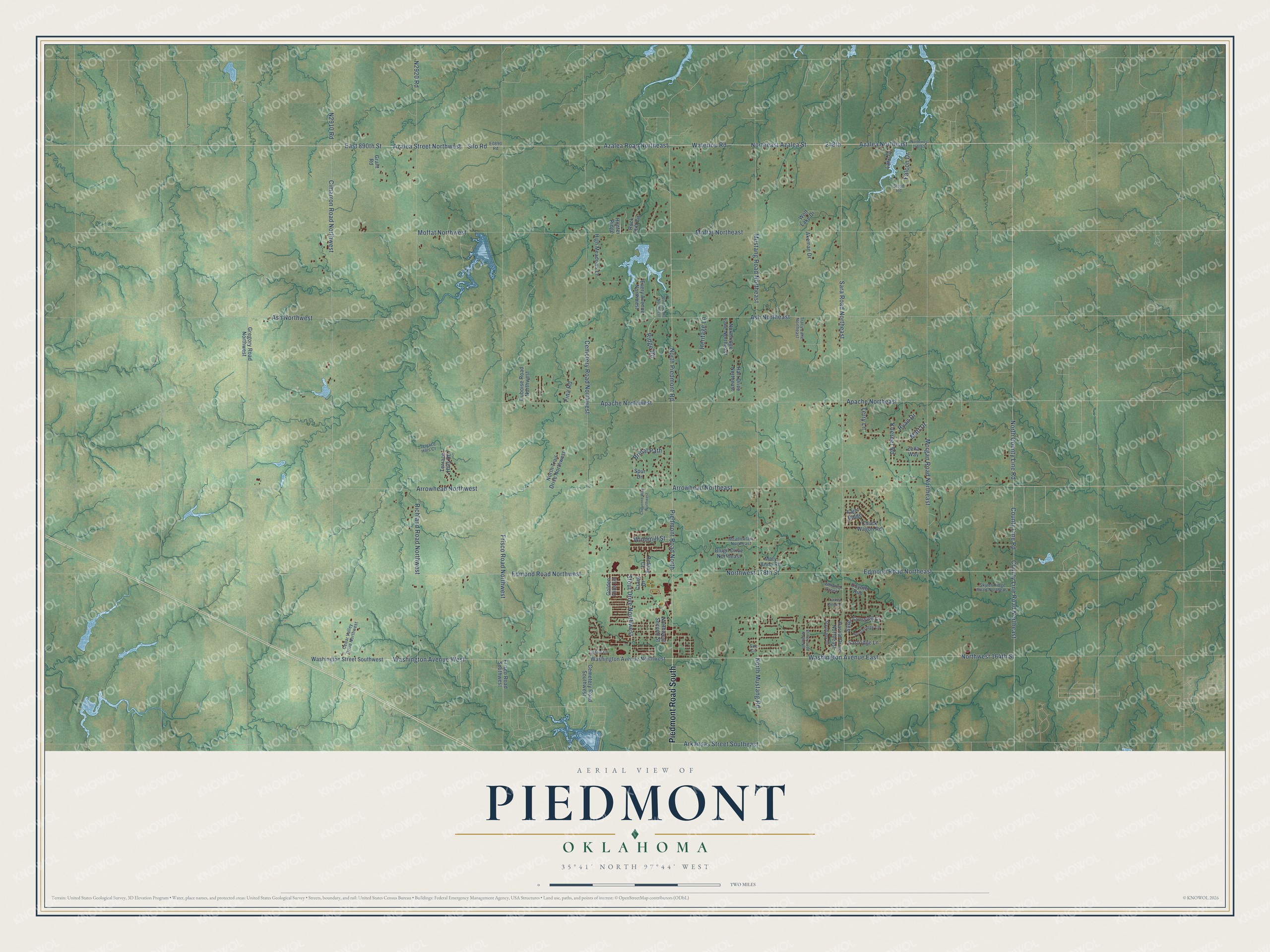 Full map of Piedmont, Oklahoma, with red buildings, printed street names and the land around them