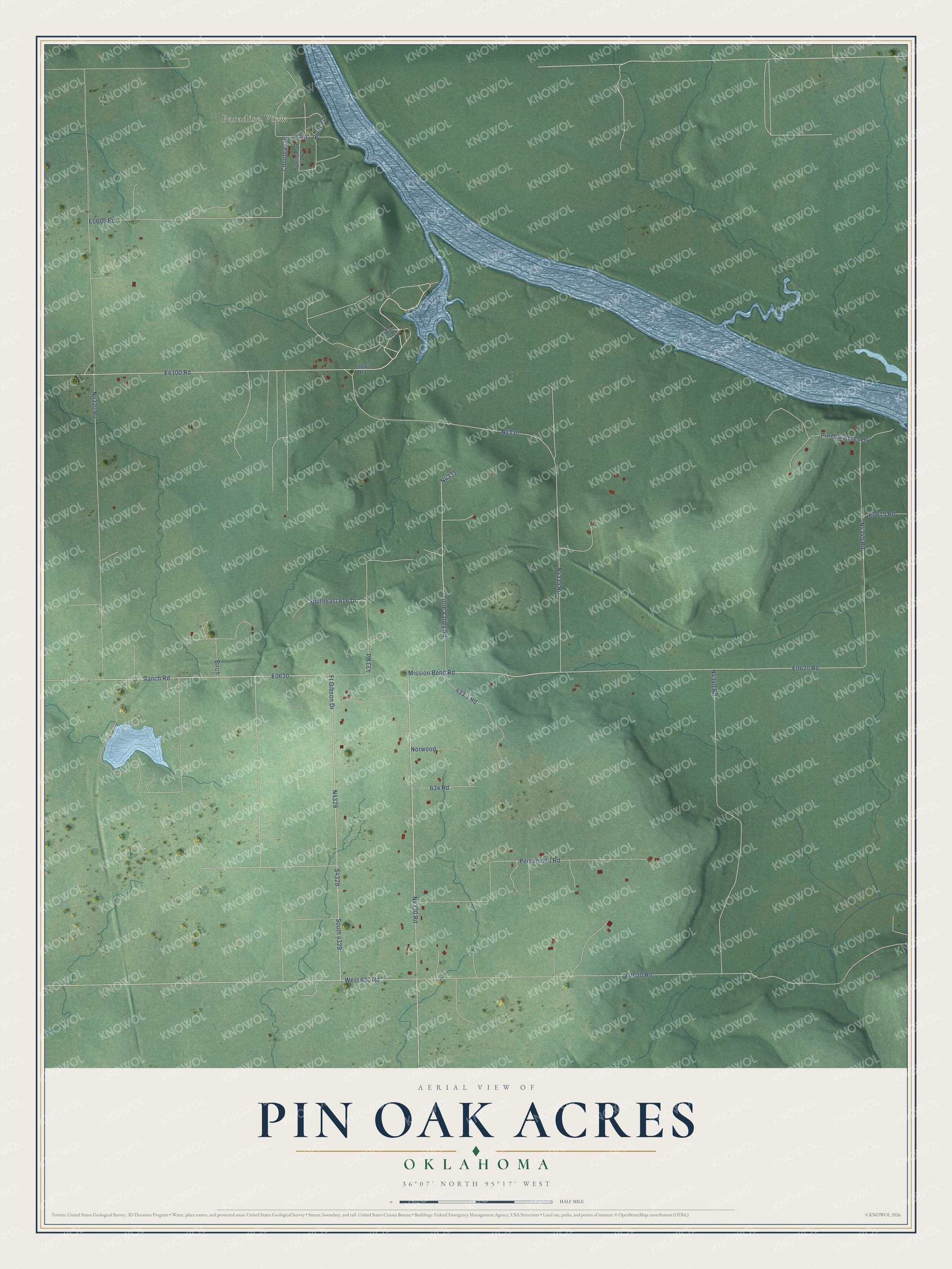 Full map of Pin Oak Acres, Oklahoma, with red buildings, printed street names and the land around them
