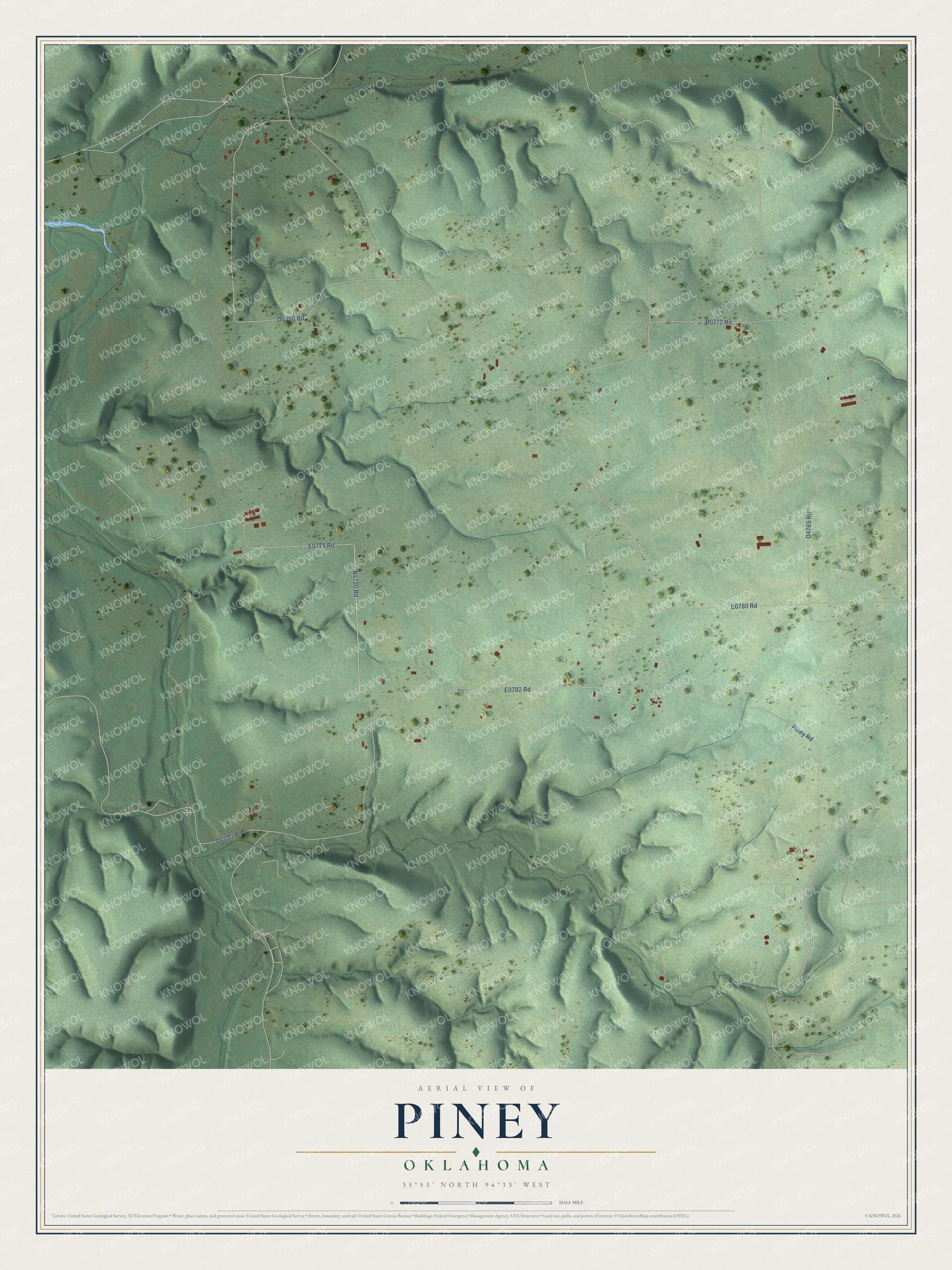 Full map of Piney, Oklahoma, with red buildings, printed street names and the land around them