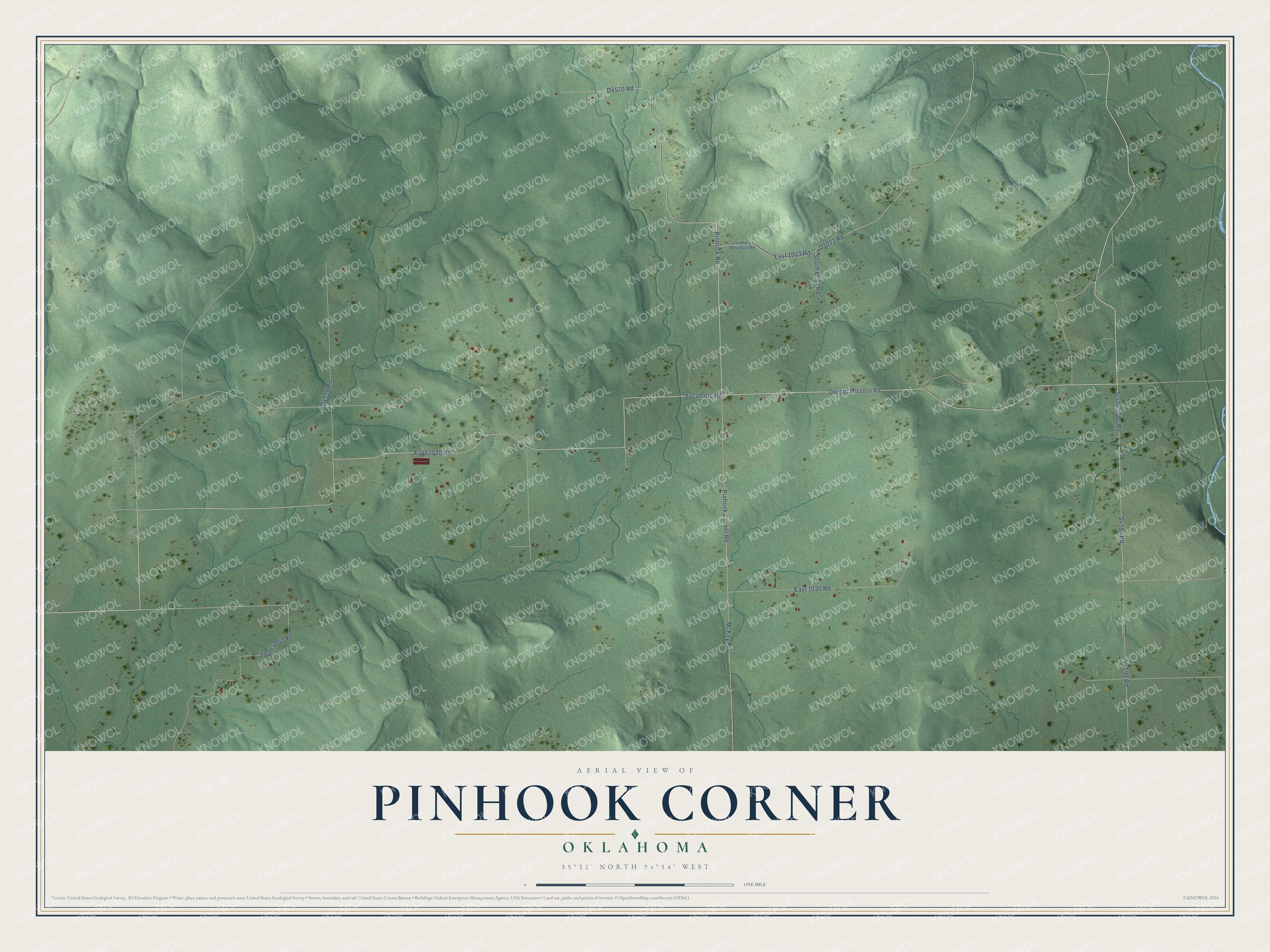 Full map of Pinhook Corner, Oklahoma, with red buildings, printed street names and the land around them