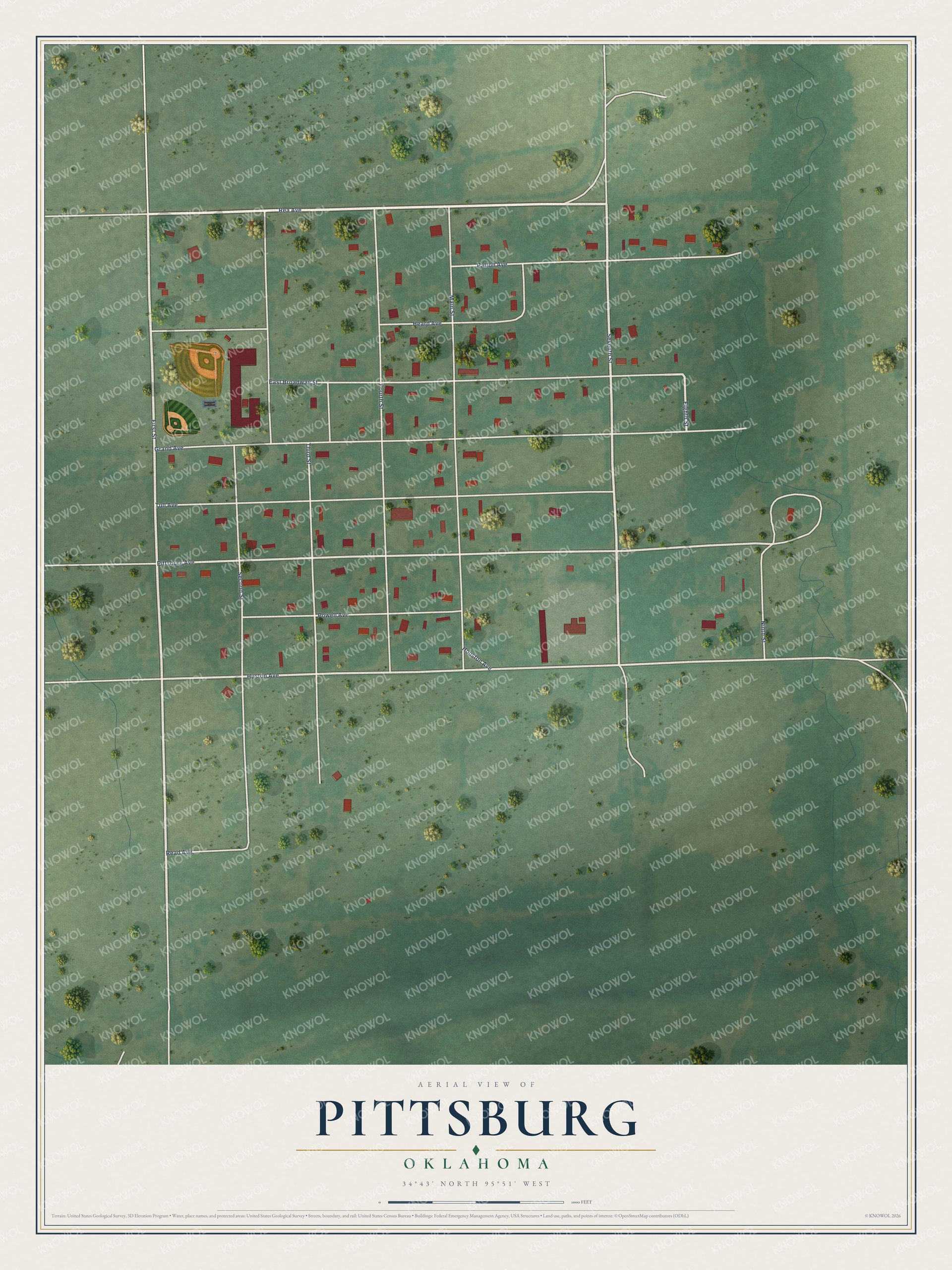 Full map of Pittsburg, Oklahoma, with red buildings, printed street names and the land around them