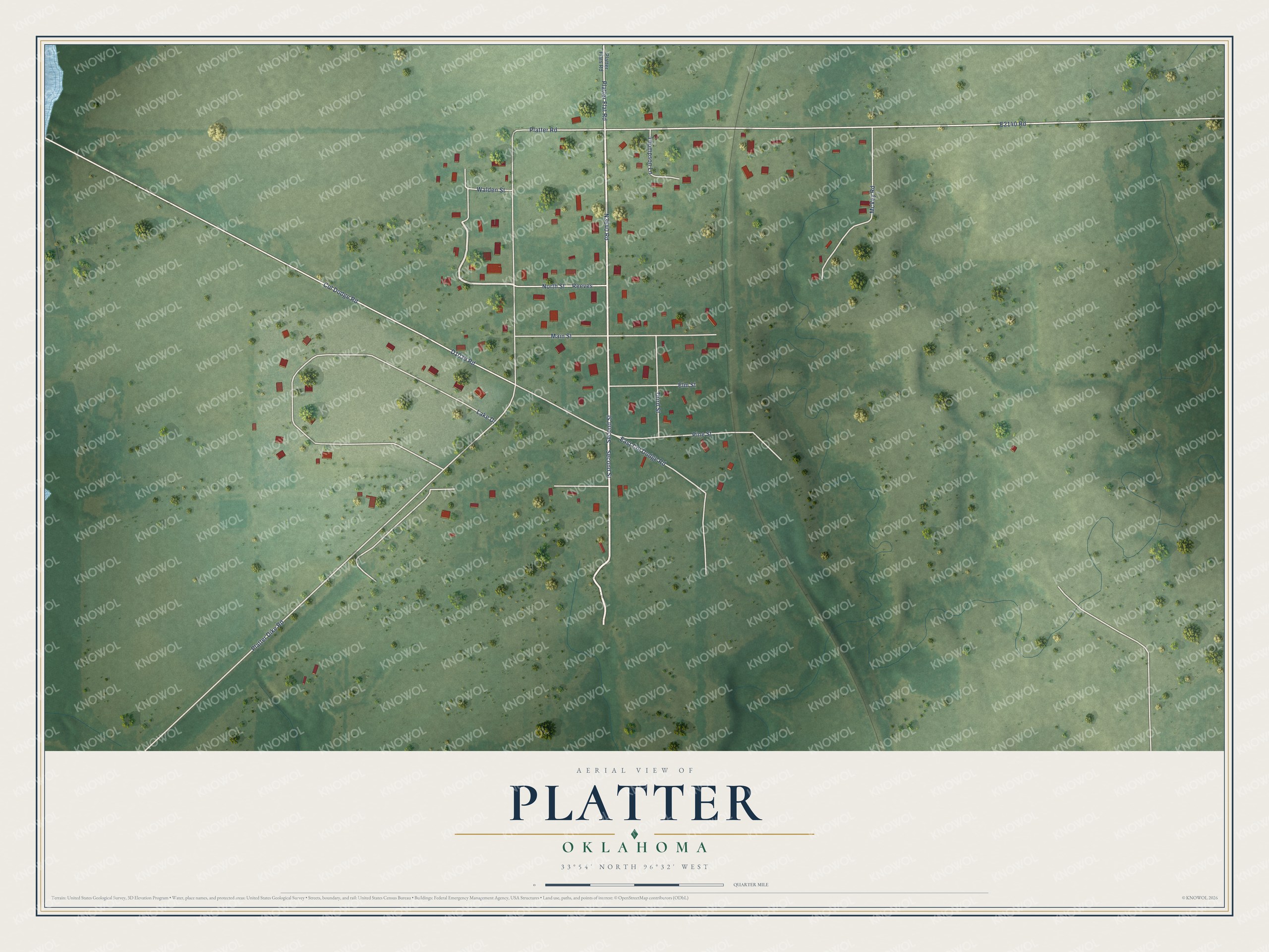 Full map of Platter, Oklahoma, with red buildings, printed street names and the land around them