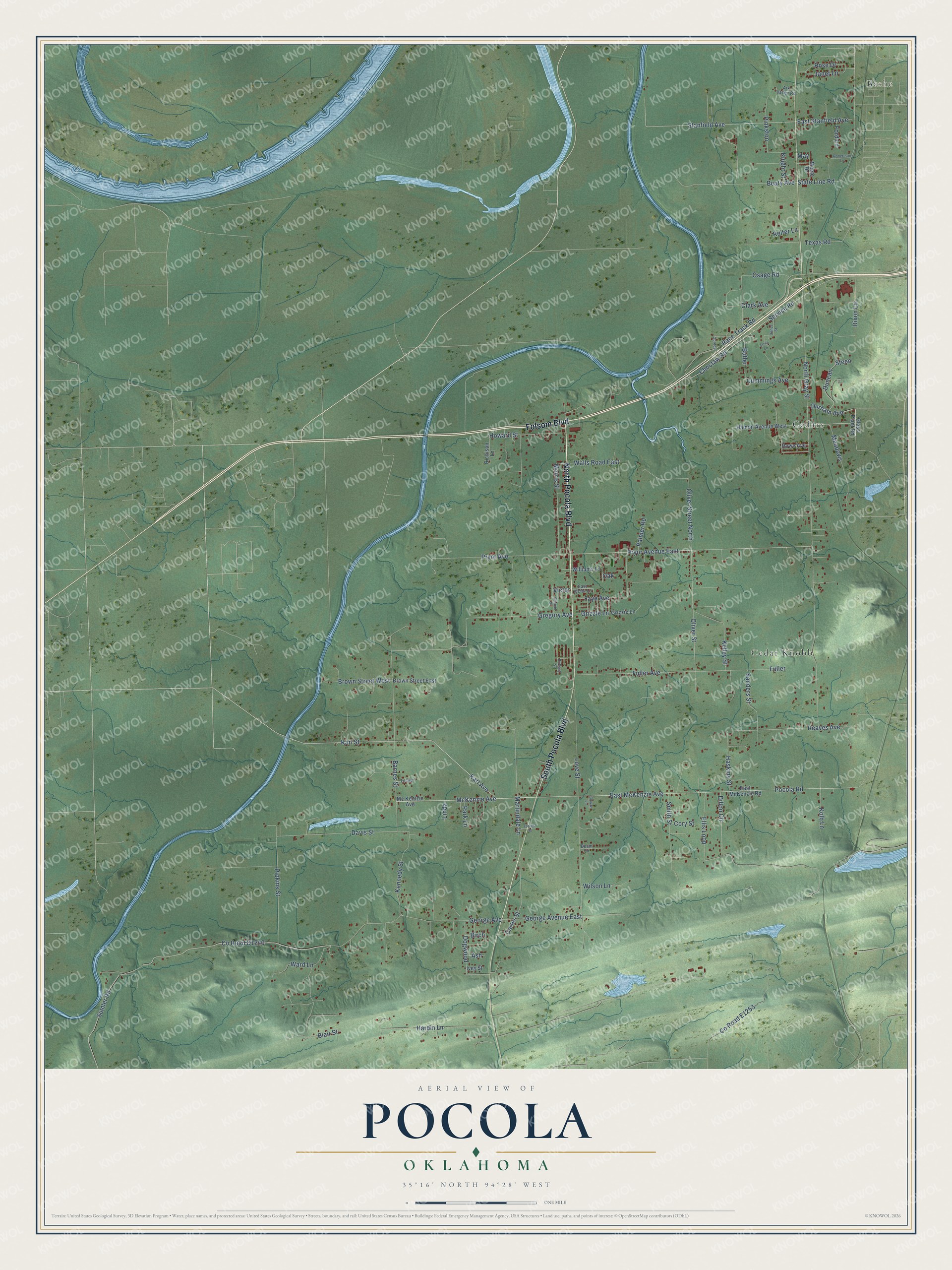 Full map of Pocola, Oklahoma, with red buildings, printed street names and the land around them