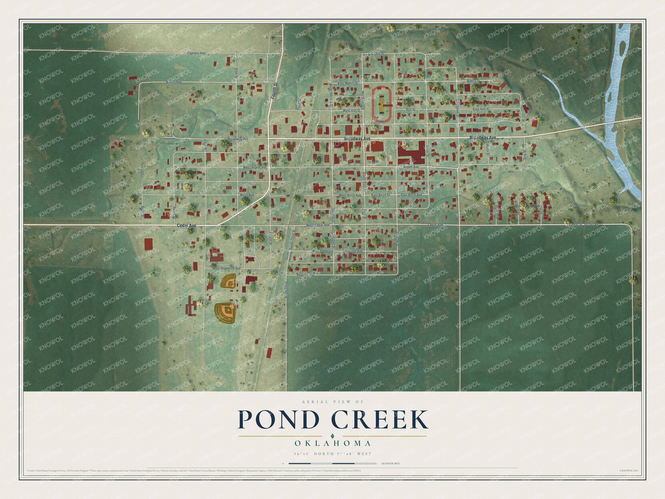 Full map of Pond Creek, Oklahoma, with red buildings, printed street names and the land around them