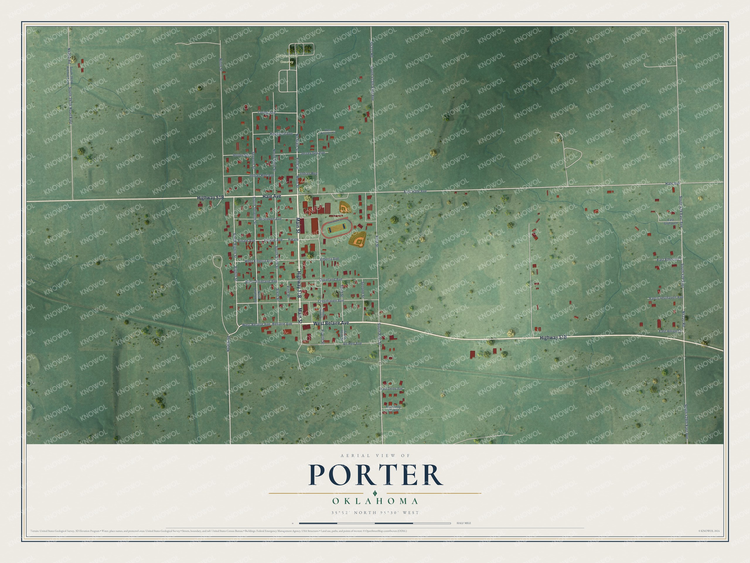 Full map of Porter, Oklahoma, with red buildings, printed street names and the land around them