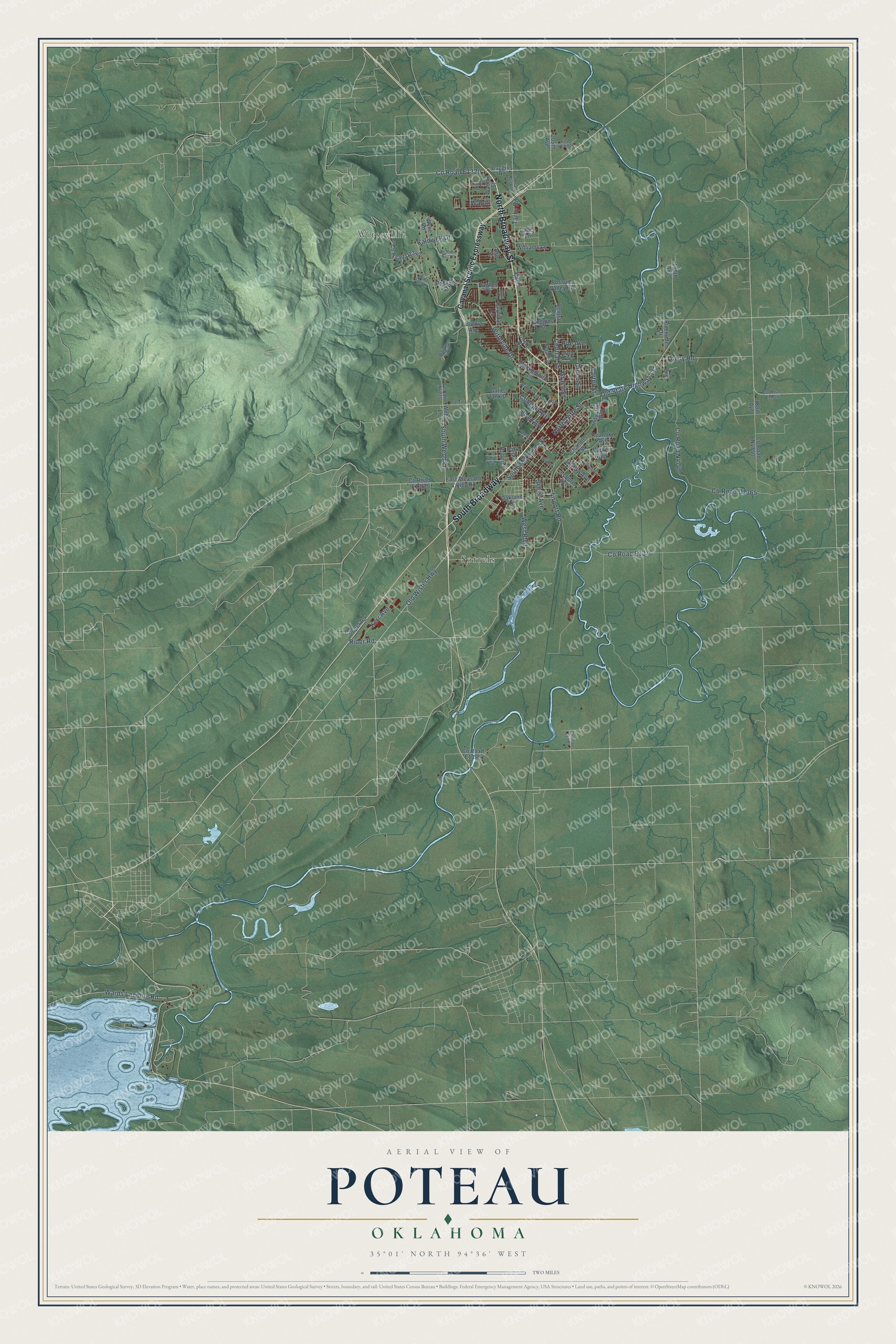 Full map of Poteau, Oklahoma, with red buildings, printed street names and the land around them