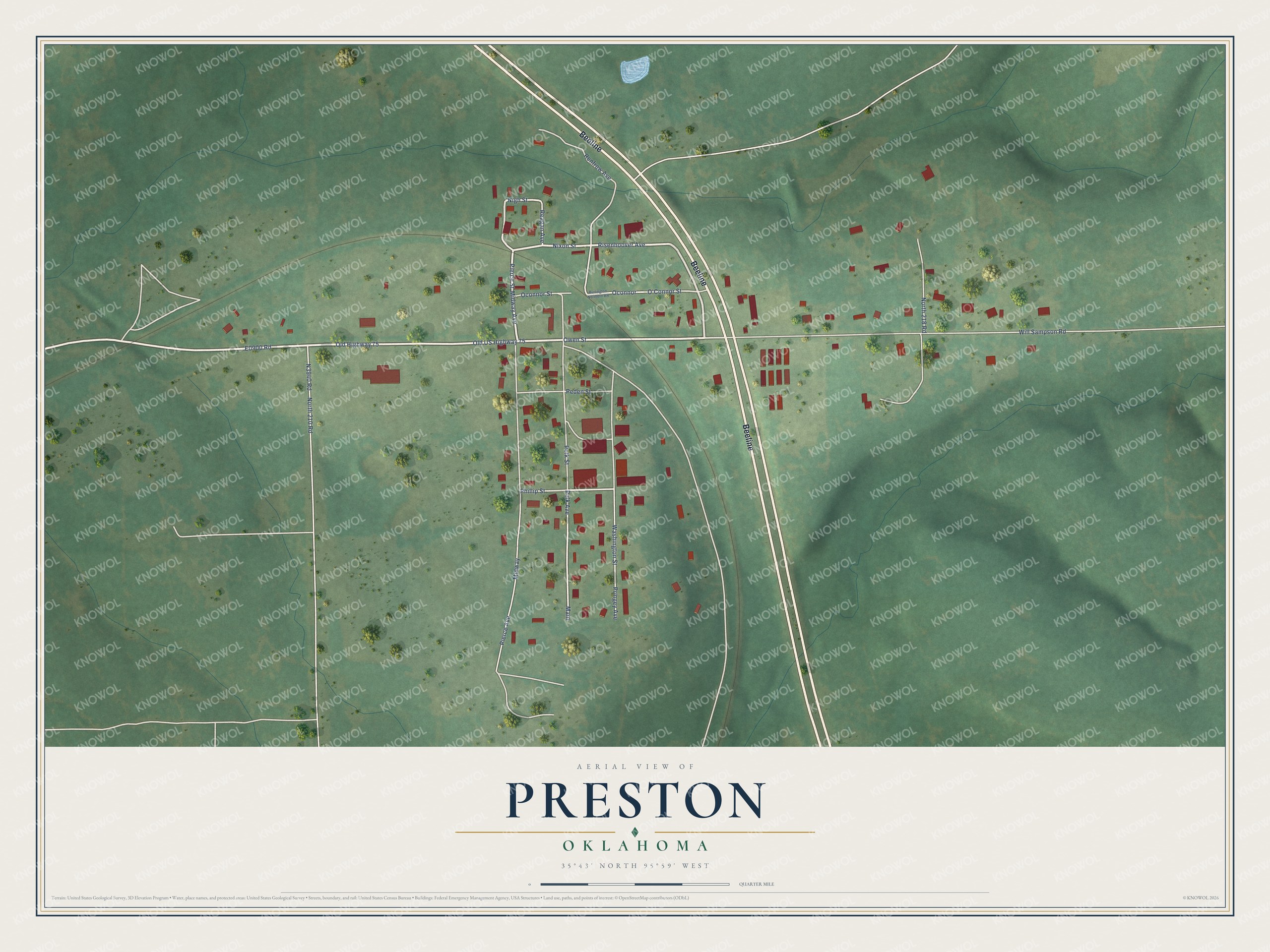 Full map of Preston, Oklahoma, with red buildings, printed street names and the land around them
