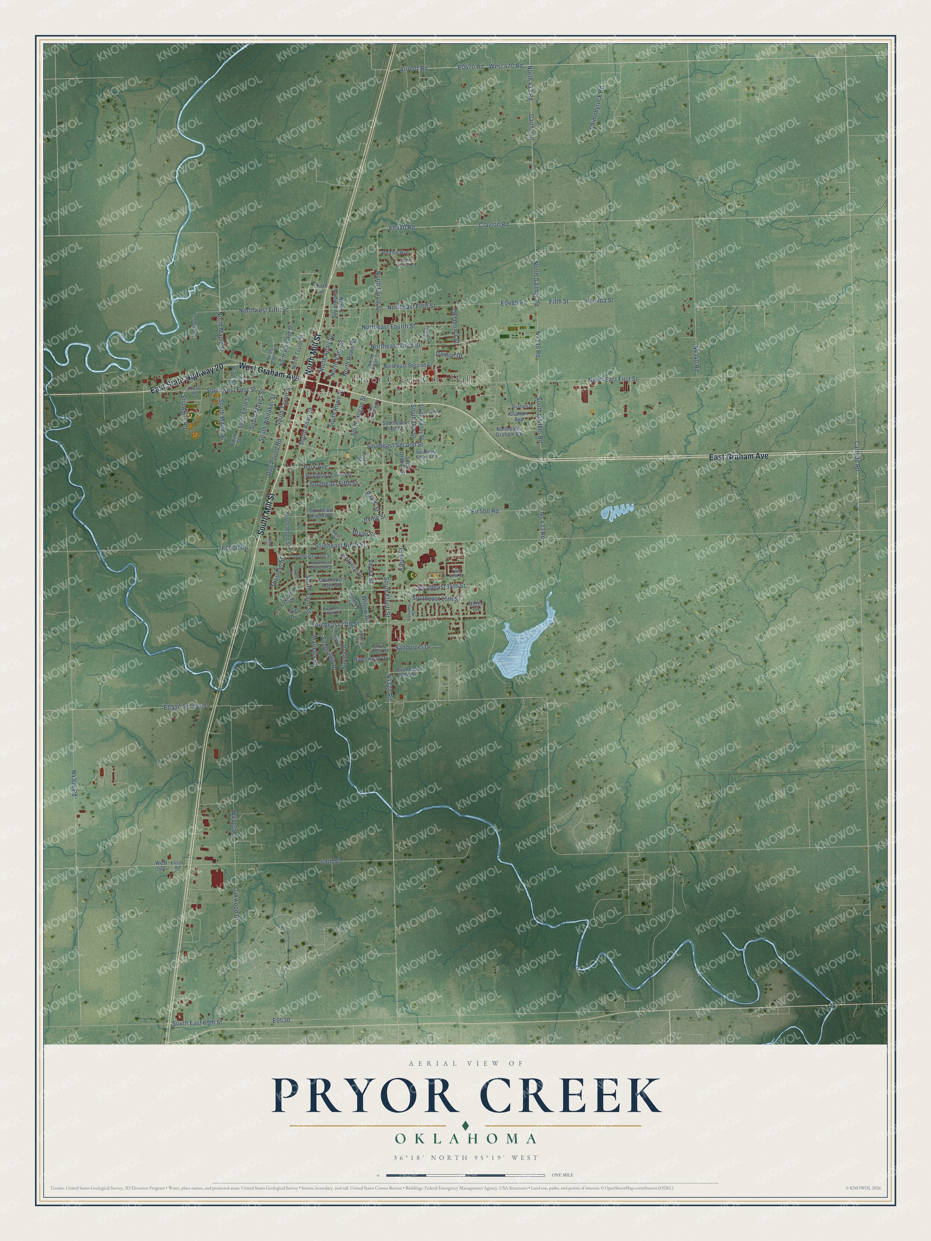 Full map of Pryor Creek, Oklahoma, with red buildings, printed street names and the land around them