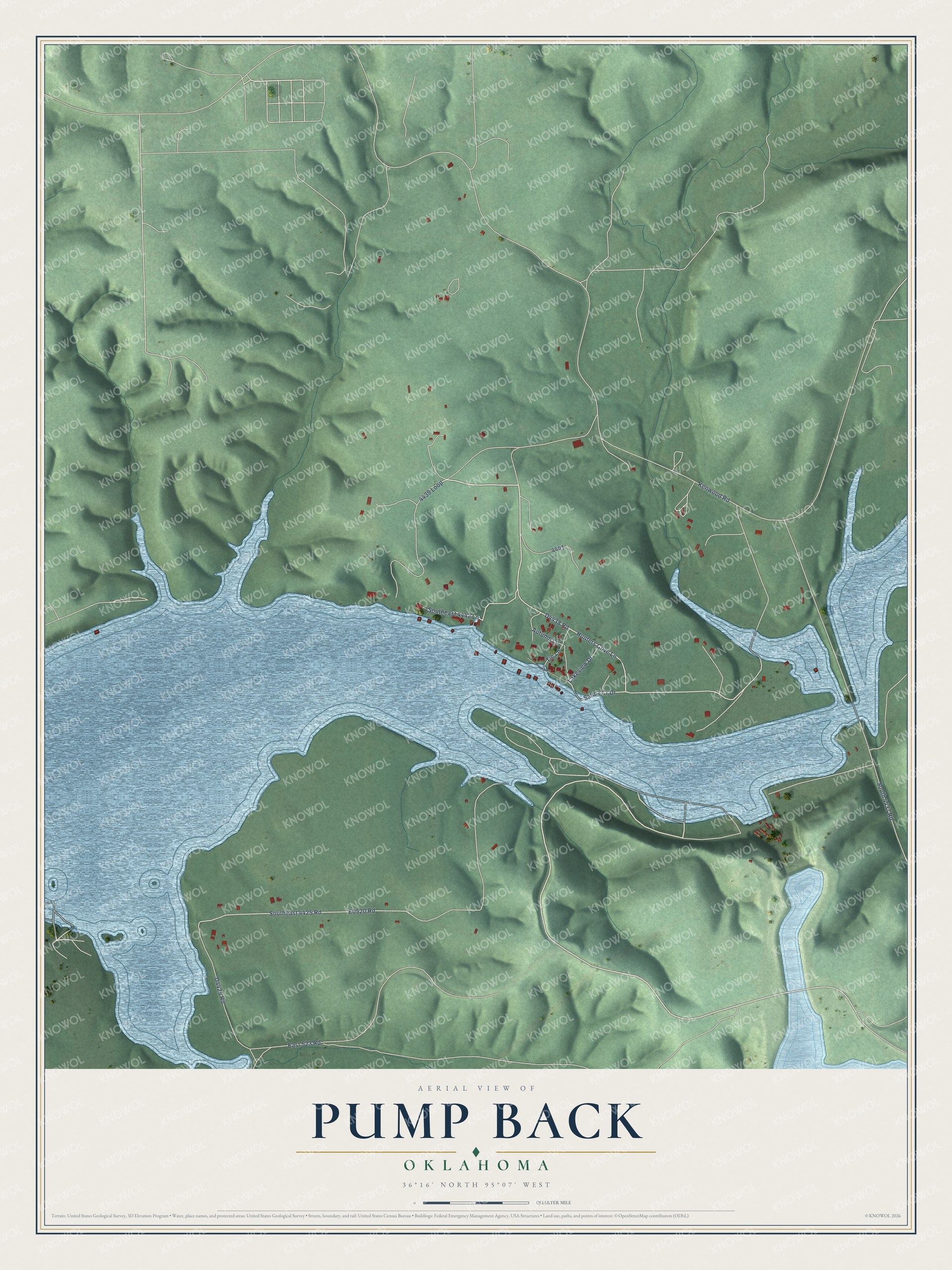 Full map of Pump Back, Oklahoma, with red buildings, printed street names and the land around them