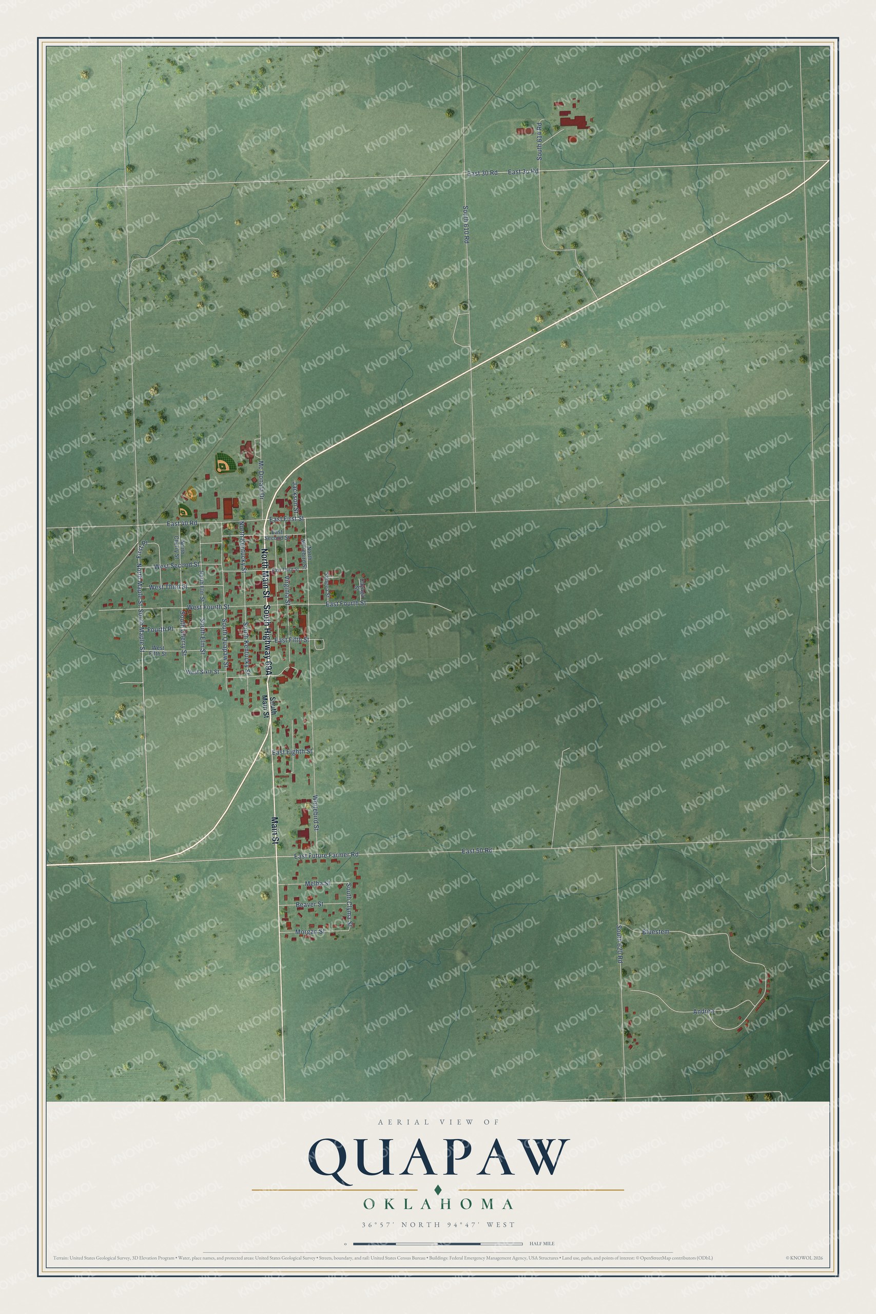 Full map of Quapaw, Oklahoma, with red buildings, printed street names and the land around them