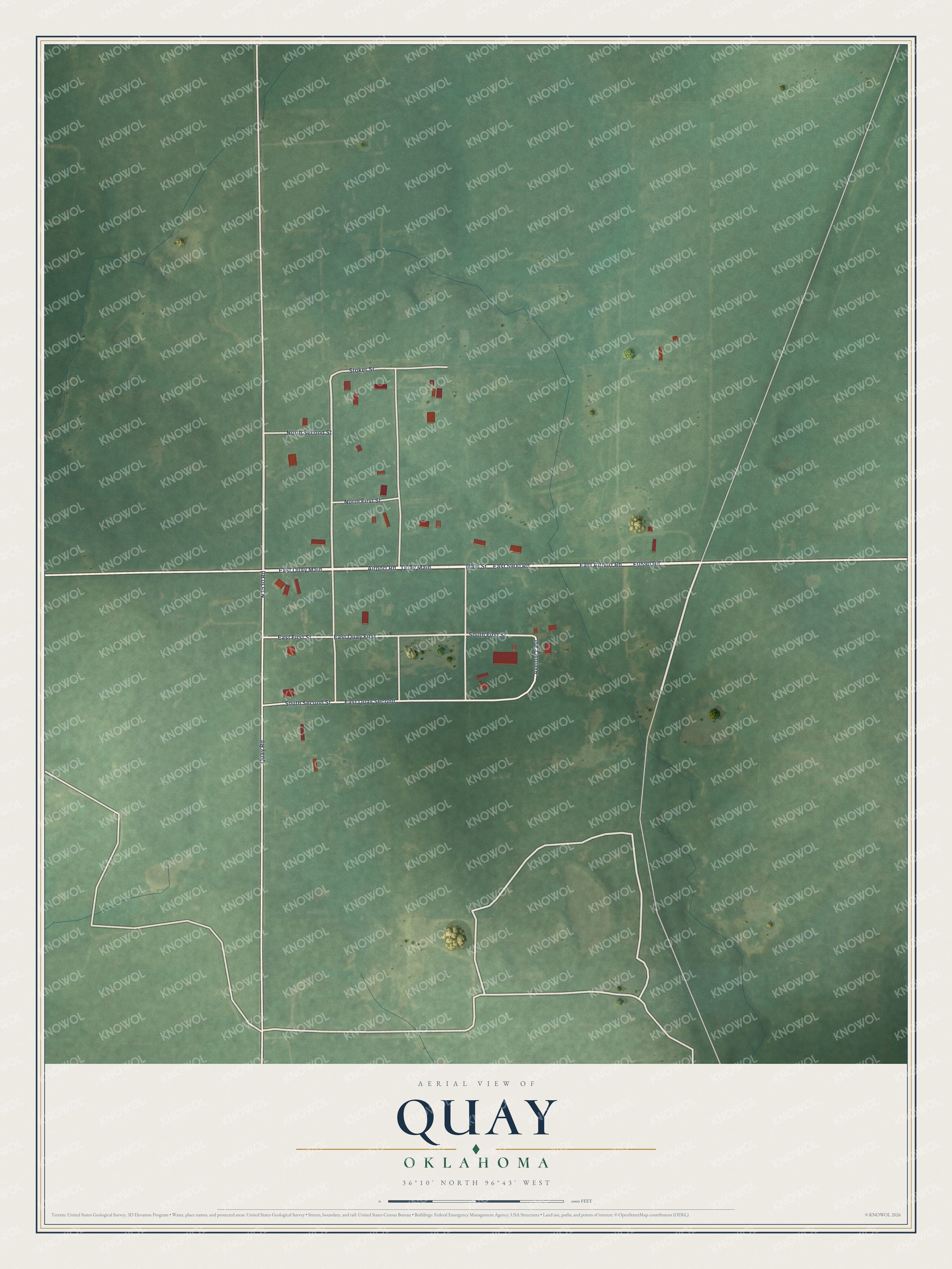 Full map of Quay, Oklahoma, with red buildings, printed street names and the land around them
