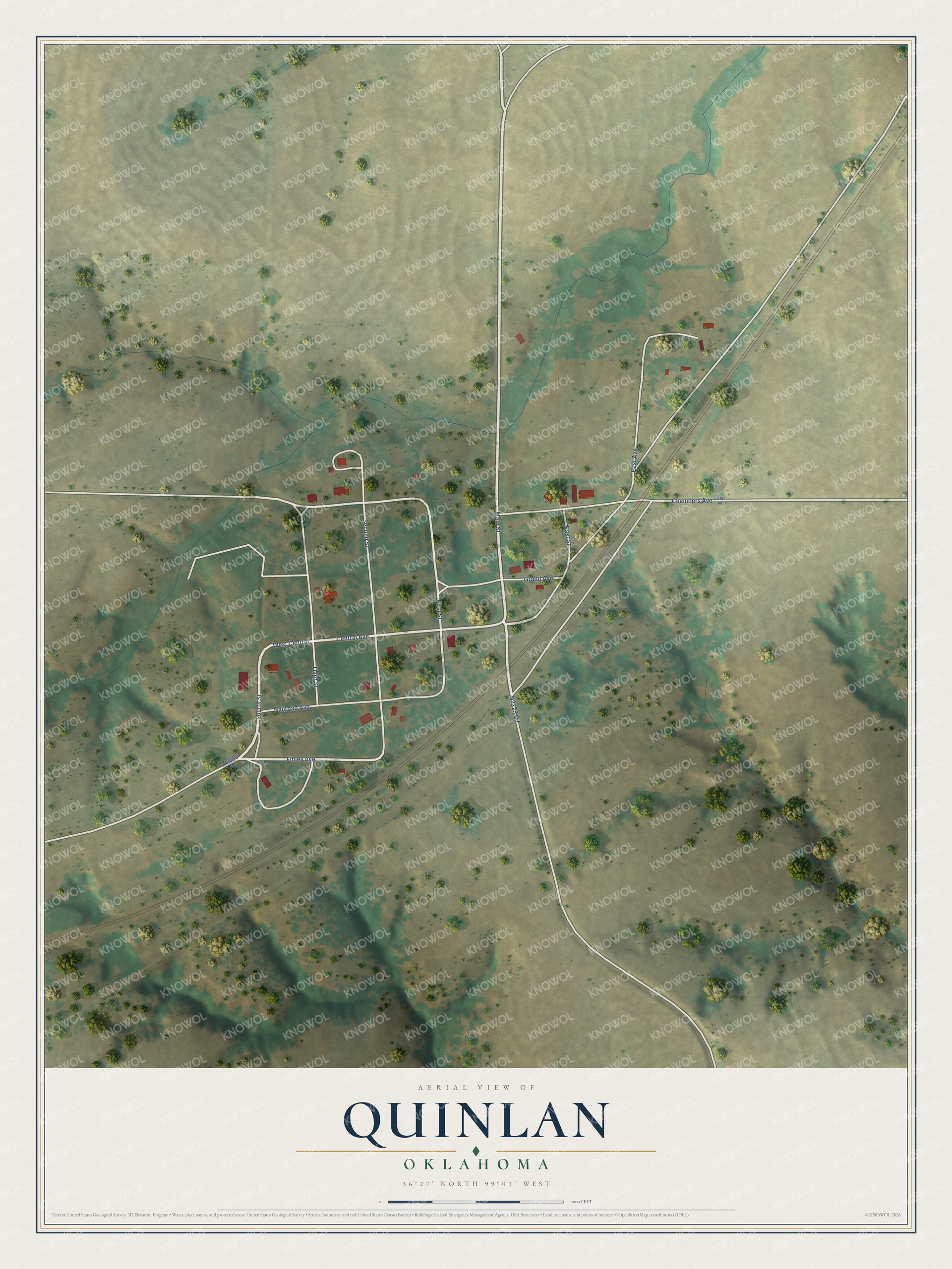 Full map of Quinlan, Oklahoma, with red buildings, printed street names and the land around them