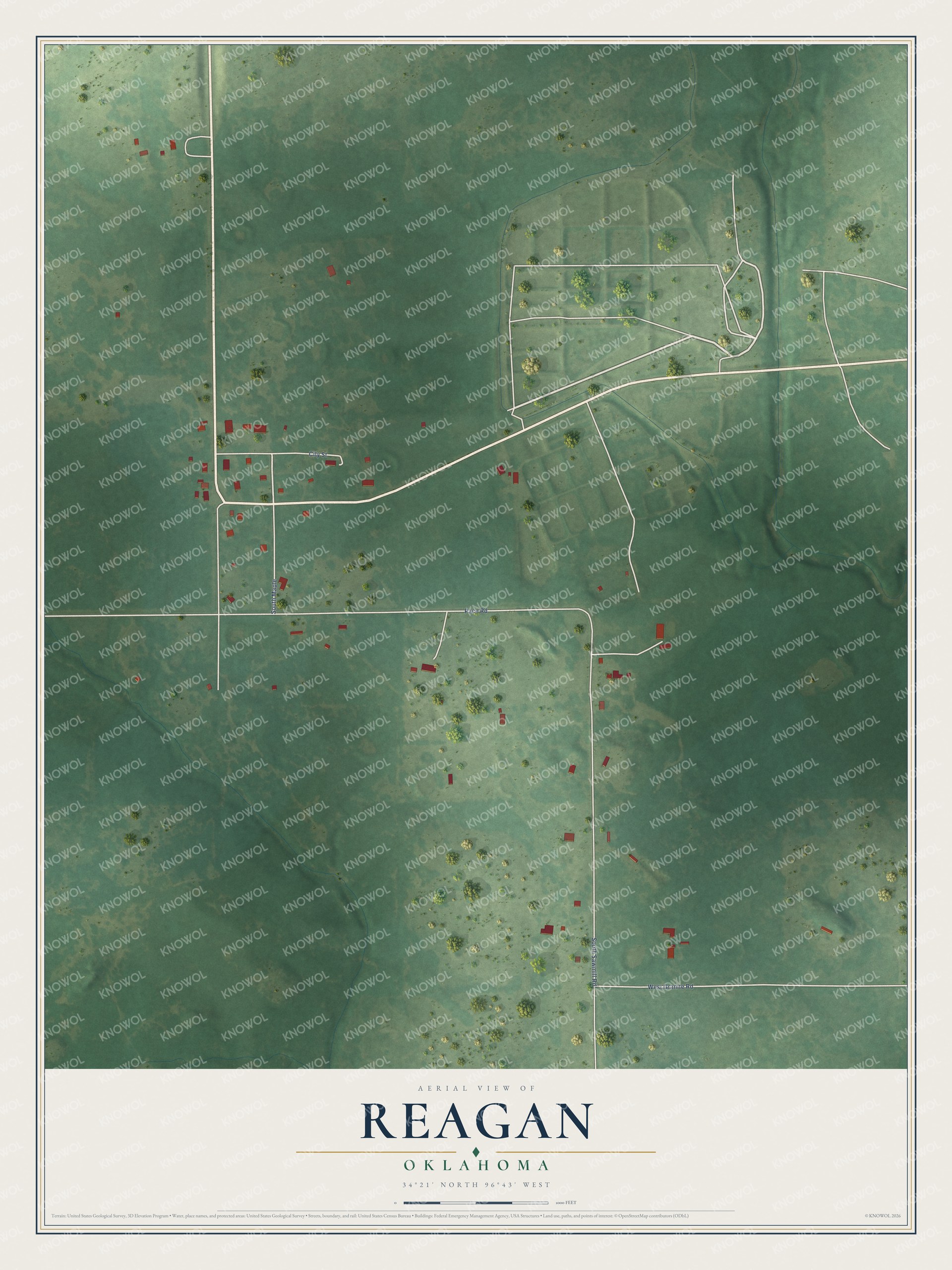 Full map of Reagan, Oklahoma, with red buildings, printed street names and the land around them
