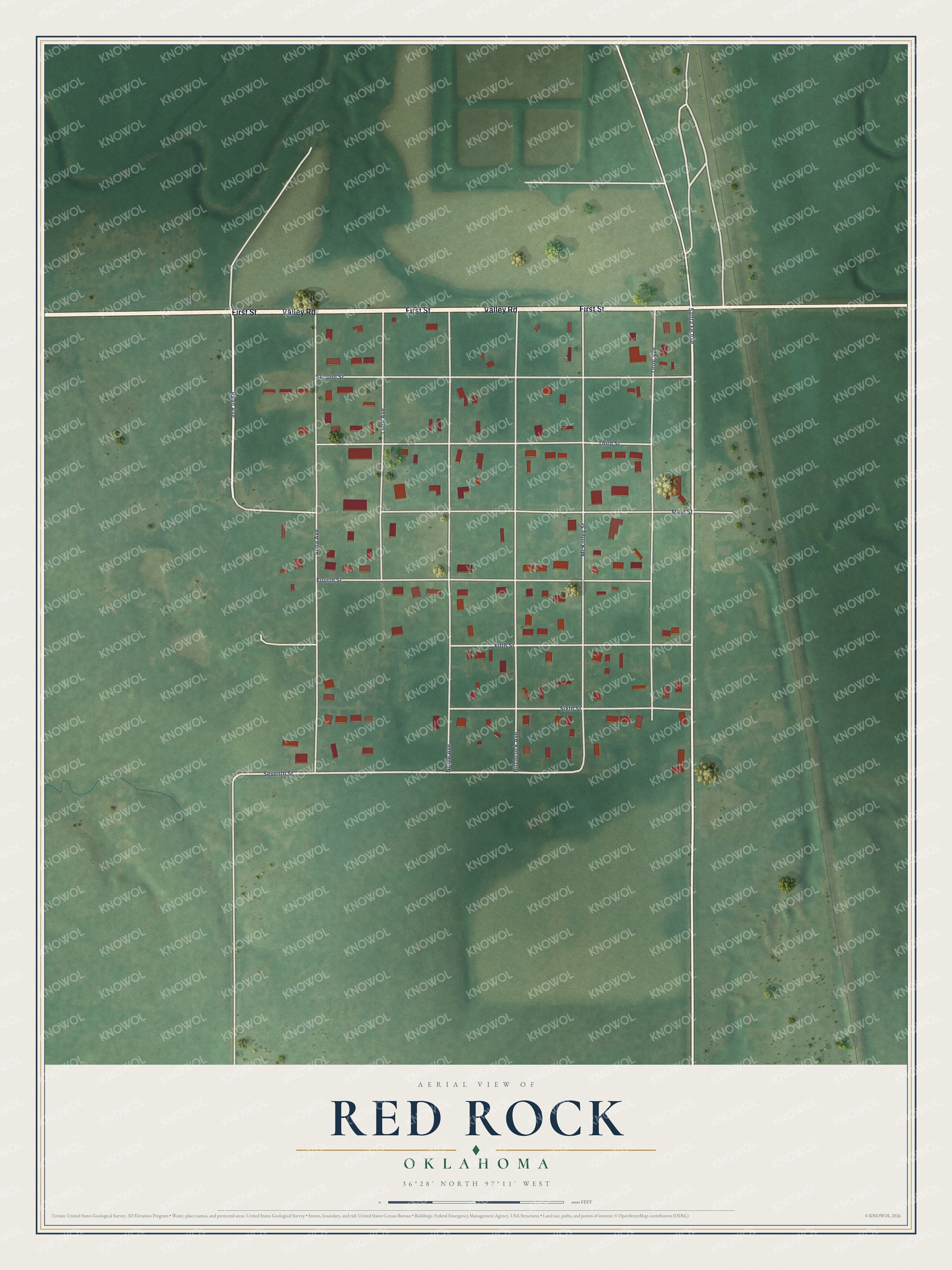 Full map of Red Rock, Oklahoma, with red buildings, printed street names and the land around them