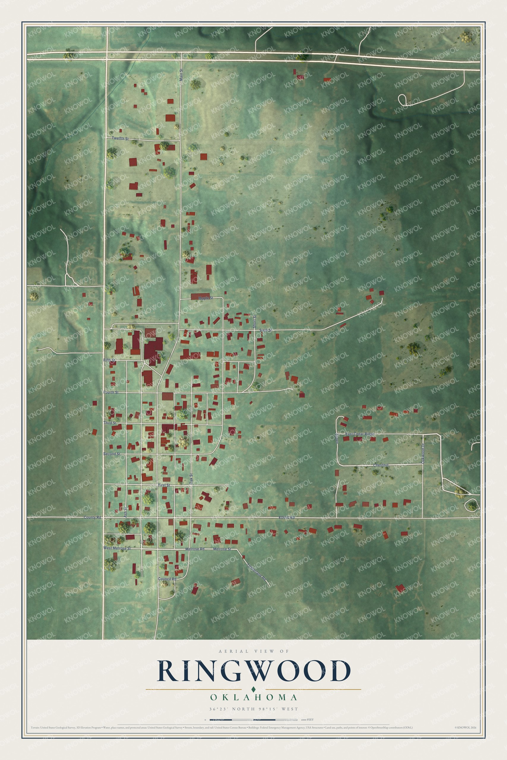 Full map of Ringwood, Oklahoma, with red buildings, printed street names and the land around them