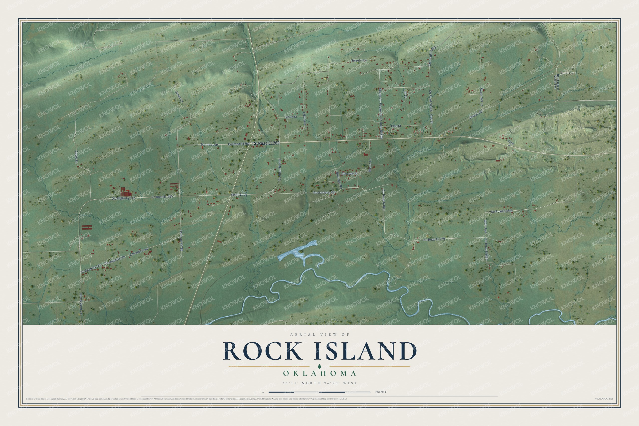 Full map of Rock Island, Oklahoma, with red buildings, printed street names and the land around them