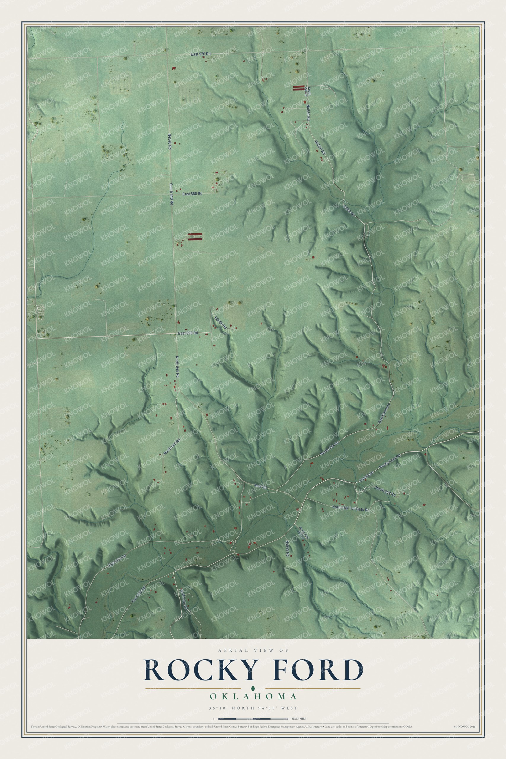 Full map of Rocky Ford, Oklahoma, with red buildings, printed street names and the land around them