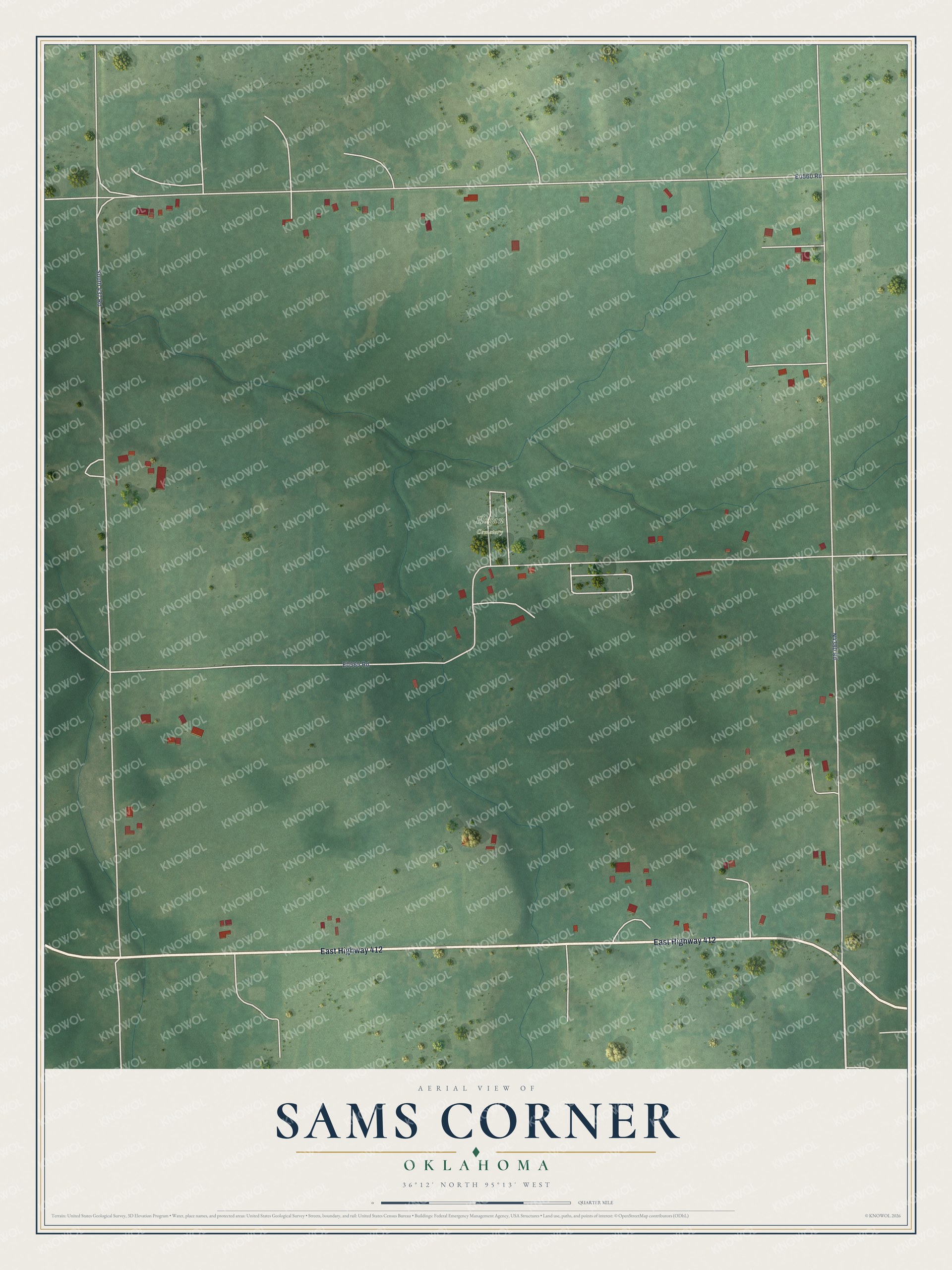 Full map of Sams Corner, Oklahoma, with red buildings, printed street names and the land around them