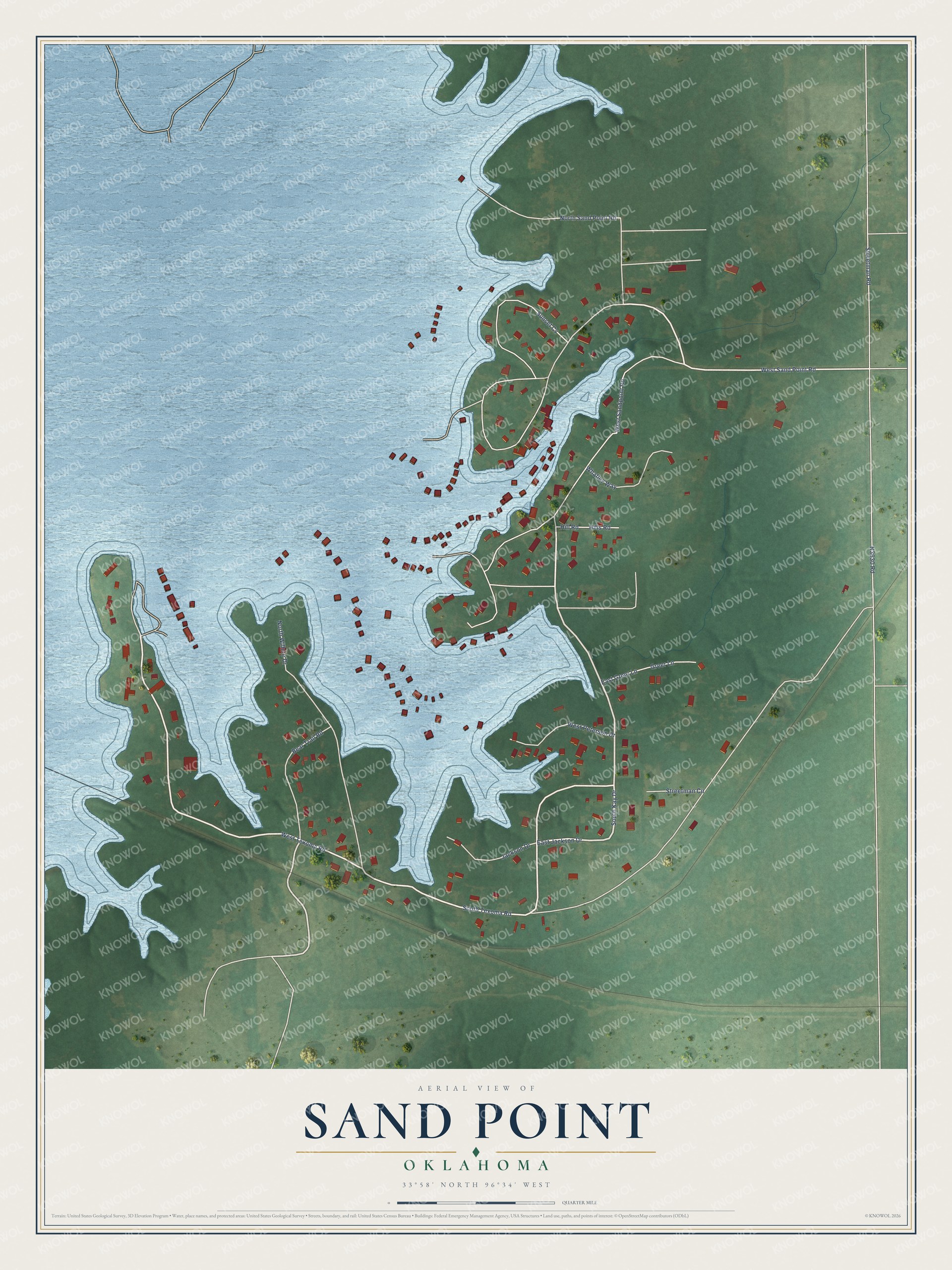 Full map of Sand Point, Oklahoma, with red buildings, printed street names and the land around them