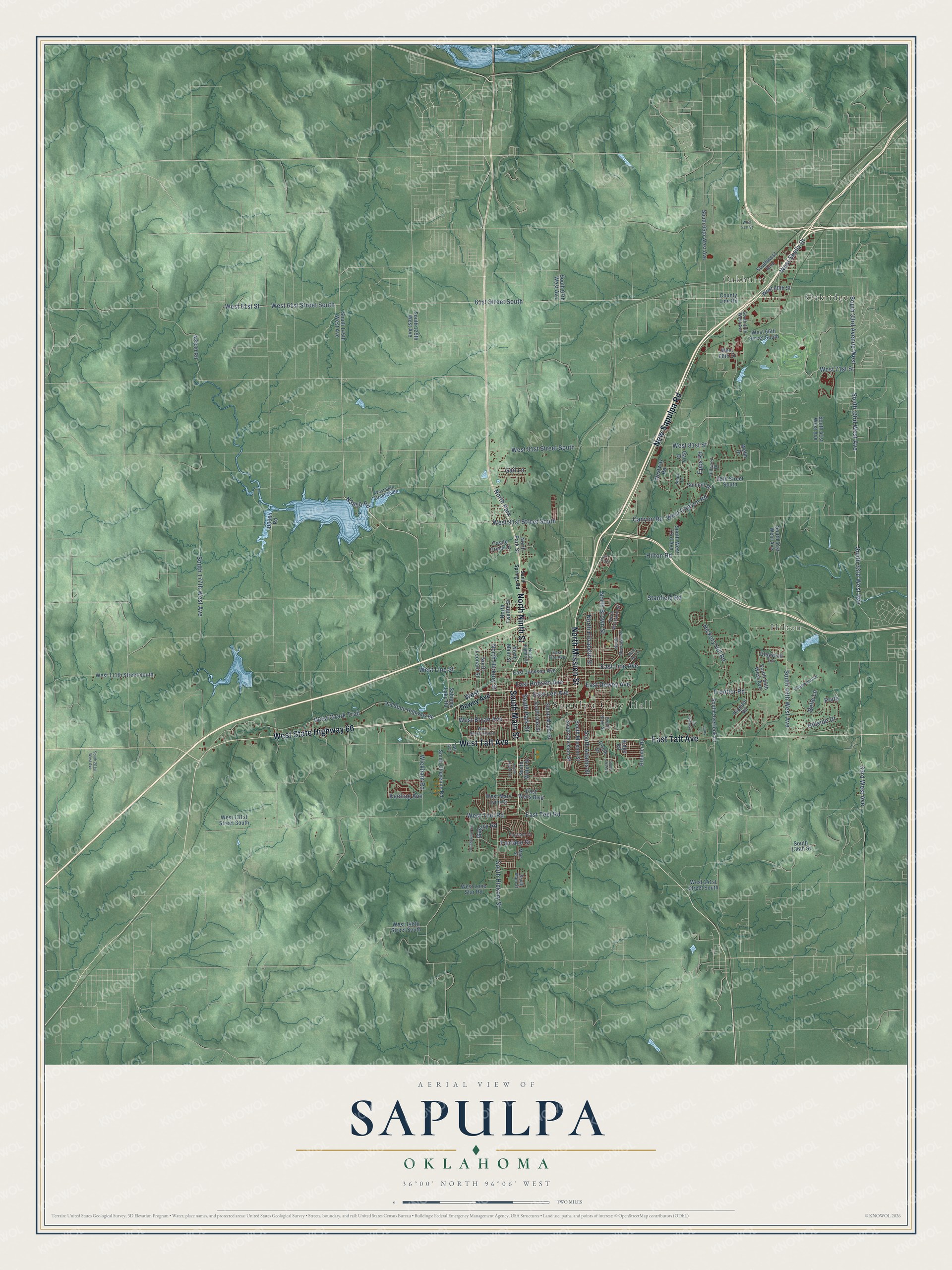 Full map of Sapulpa, Oklahoma, with red buildings, printed street names and the land around them