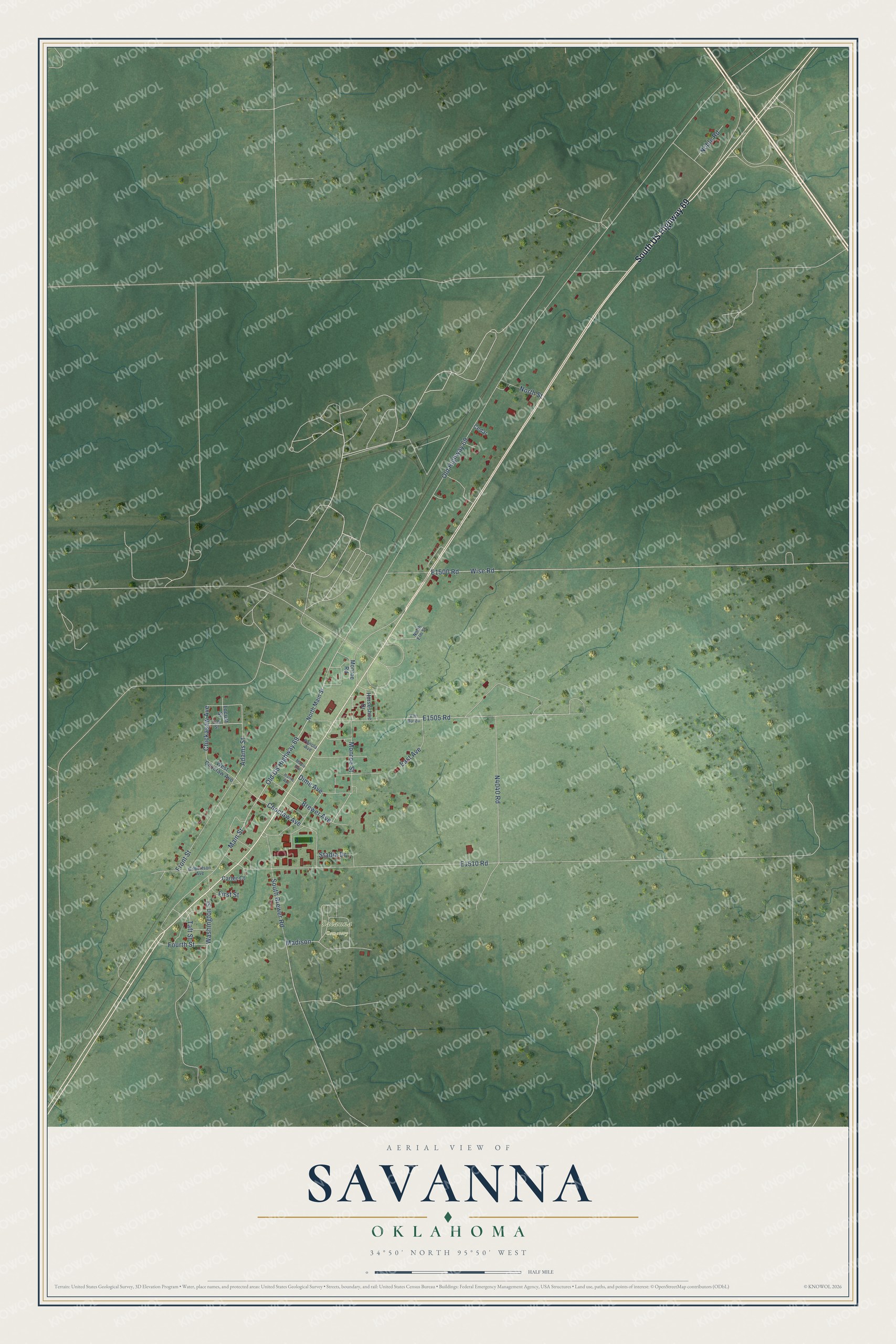 Full map of Savanna, Oklahoma, with red buildings, printed street names and the land around them