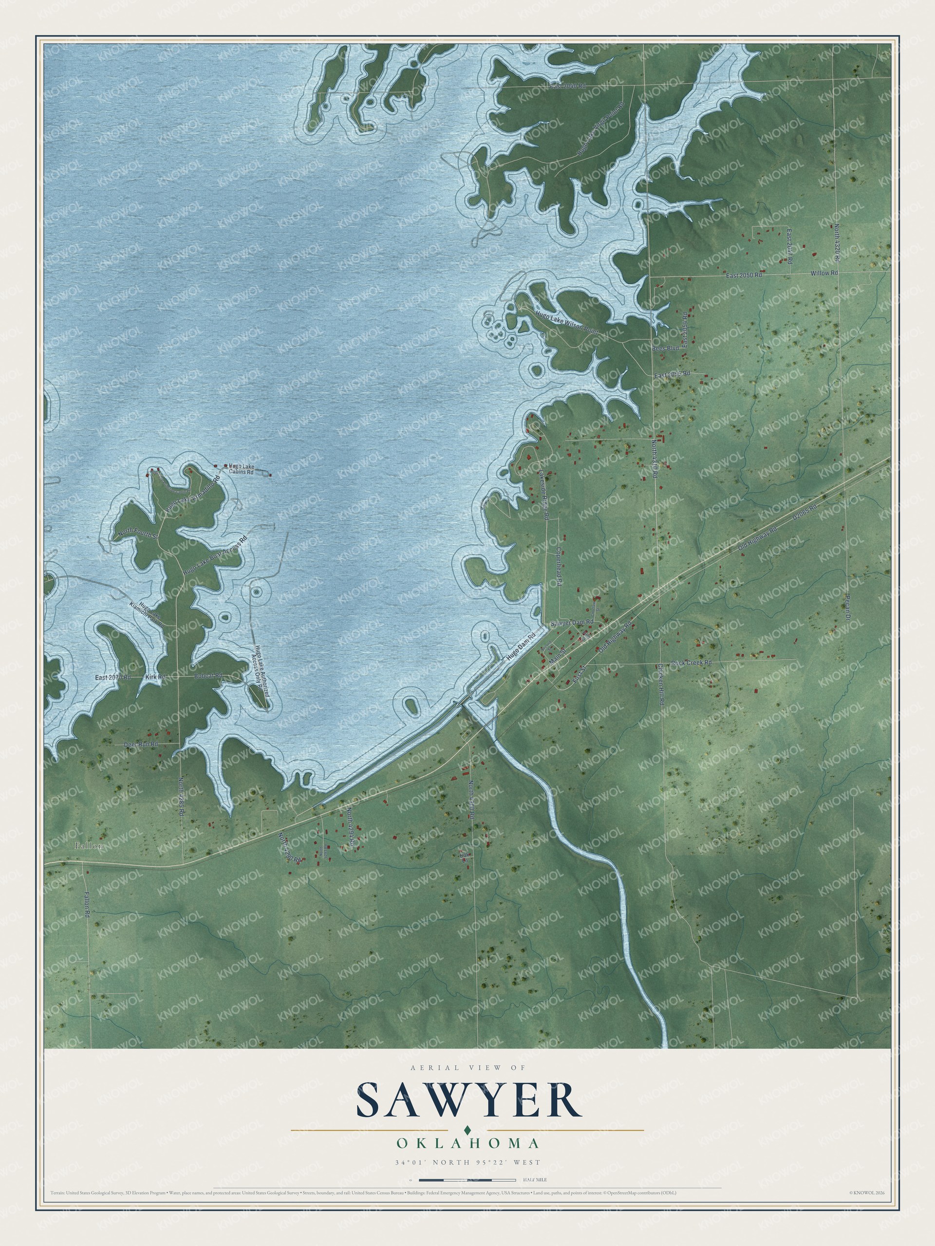 Full map of Sawyer, Oklahoma, with red buildings, printed street names and the land around them