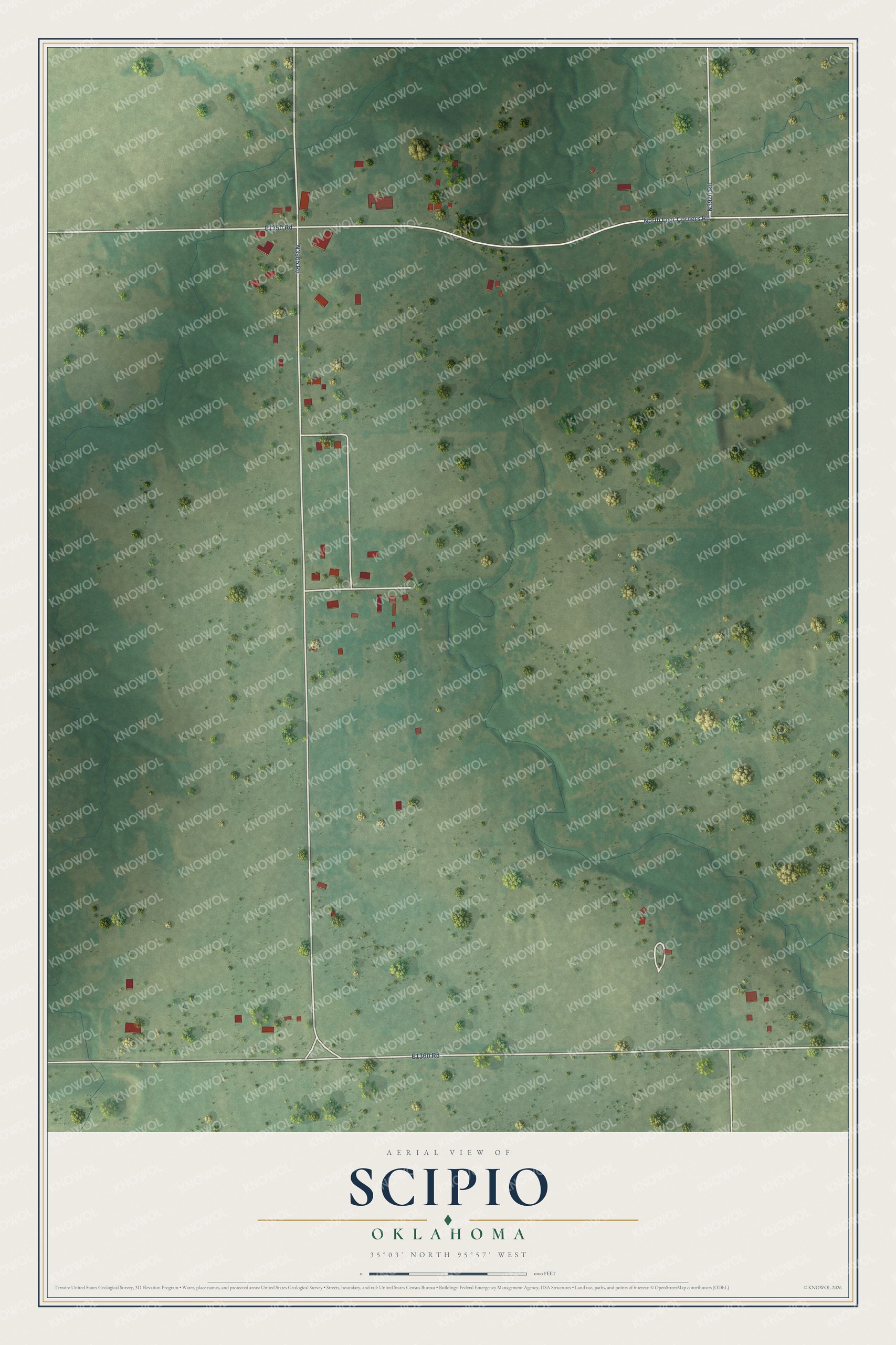 Full map of Scipio, Oklahoma, with red buildings, printed street names and the land around them