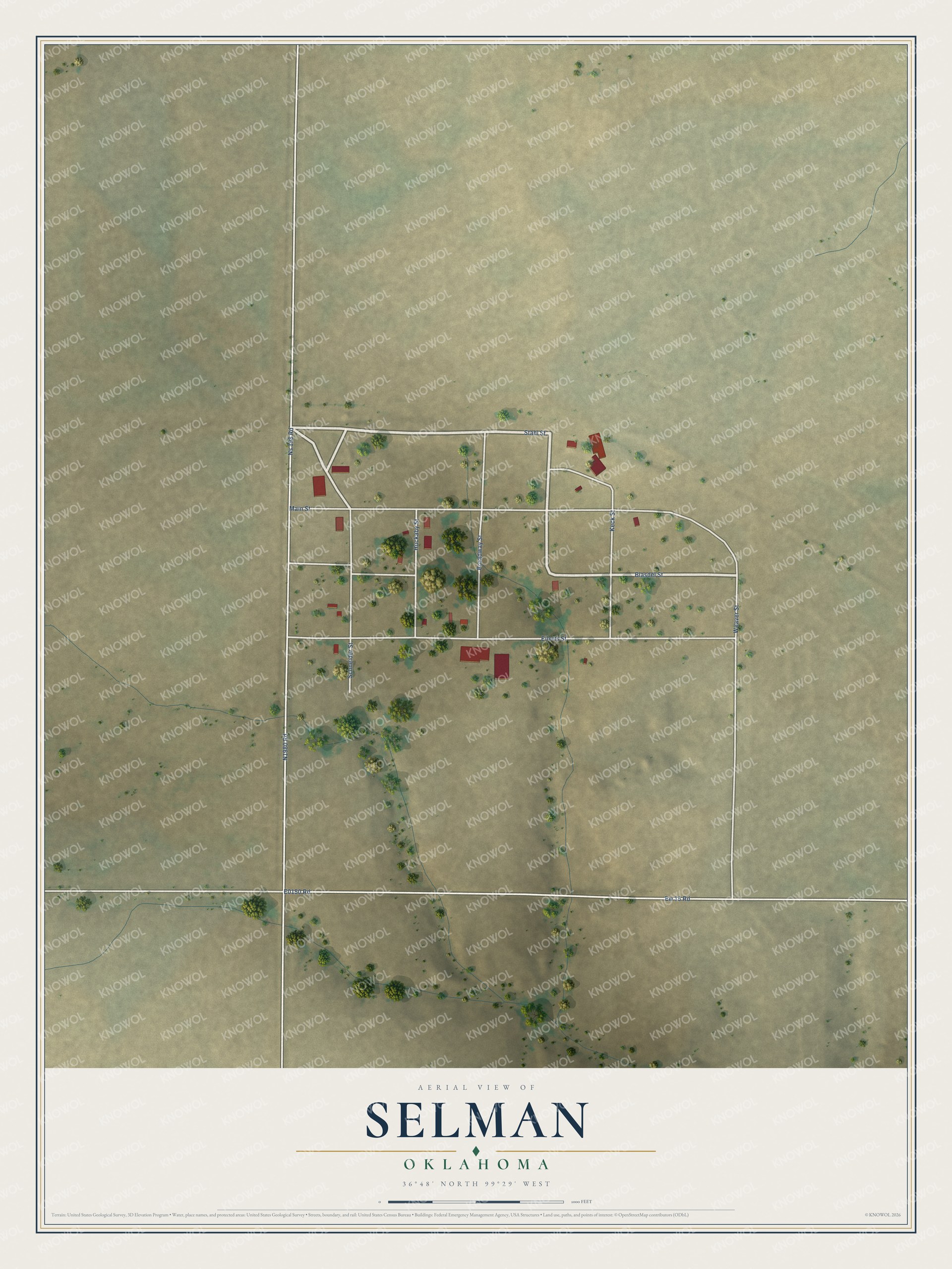 Full map of Selman, Oklahoma, with red buildings, printed street names and the land around them