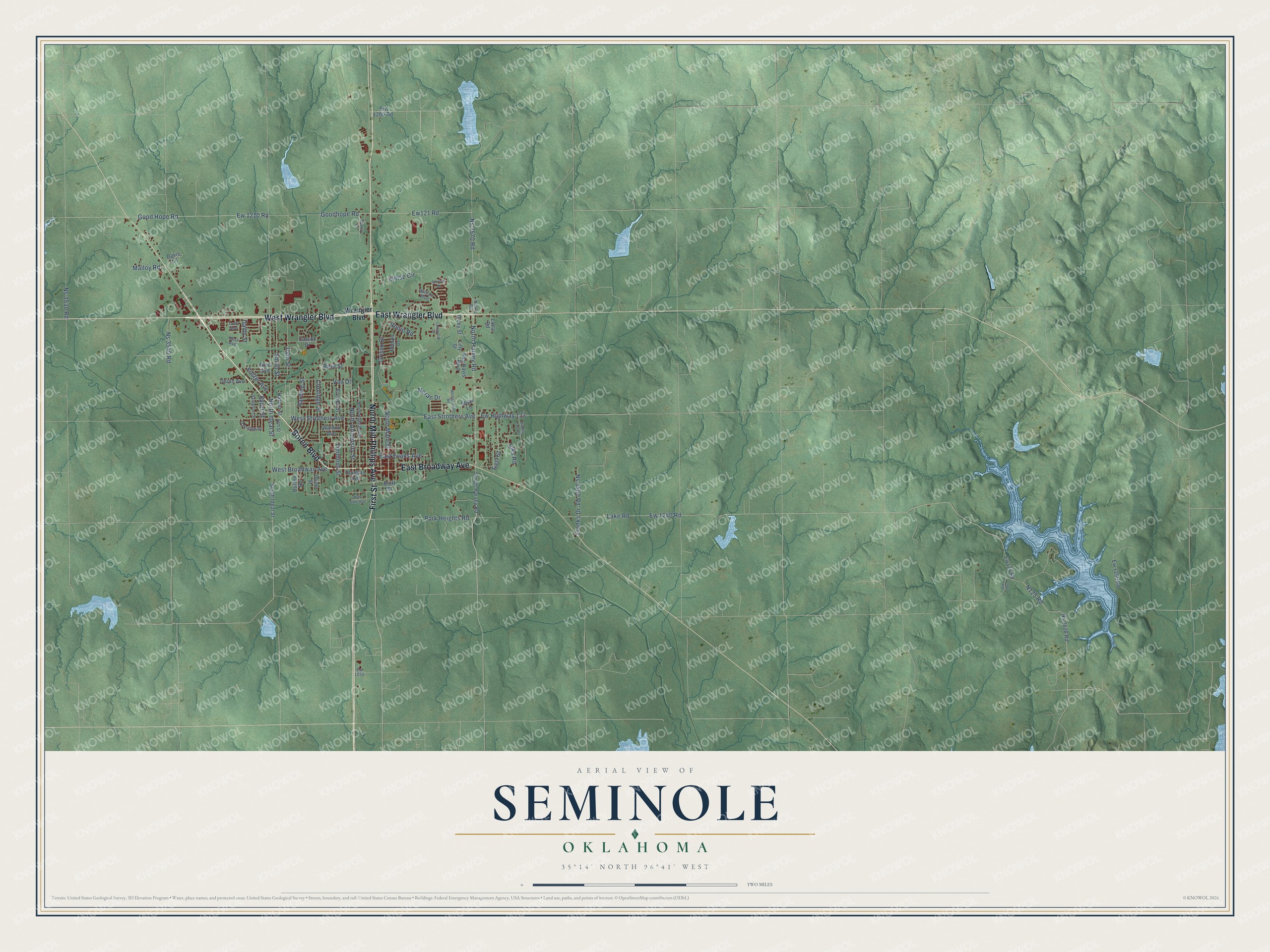 Full map of Seminole, Oklahoma, with red buildings, printed street names and the land around them