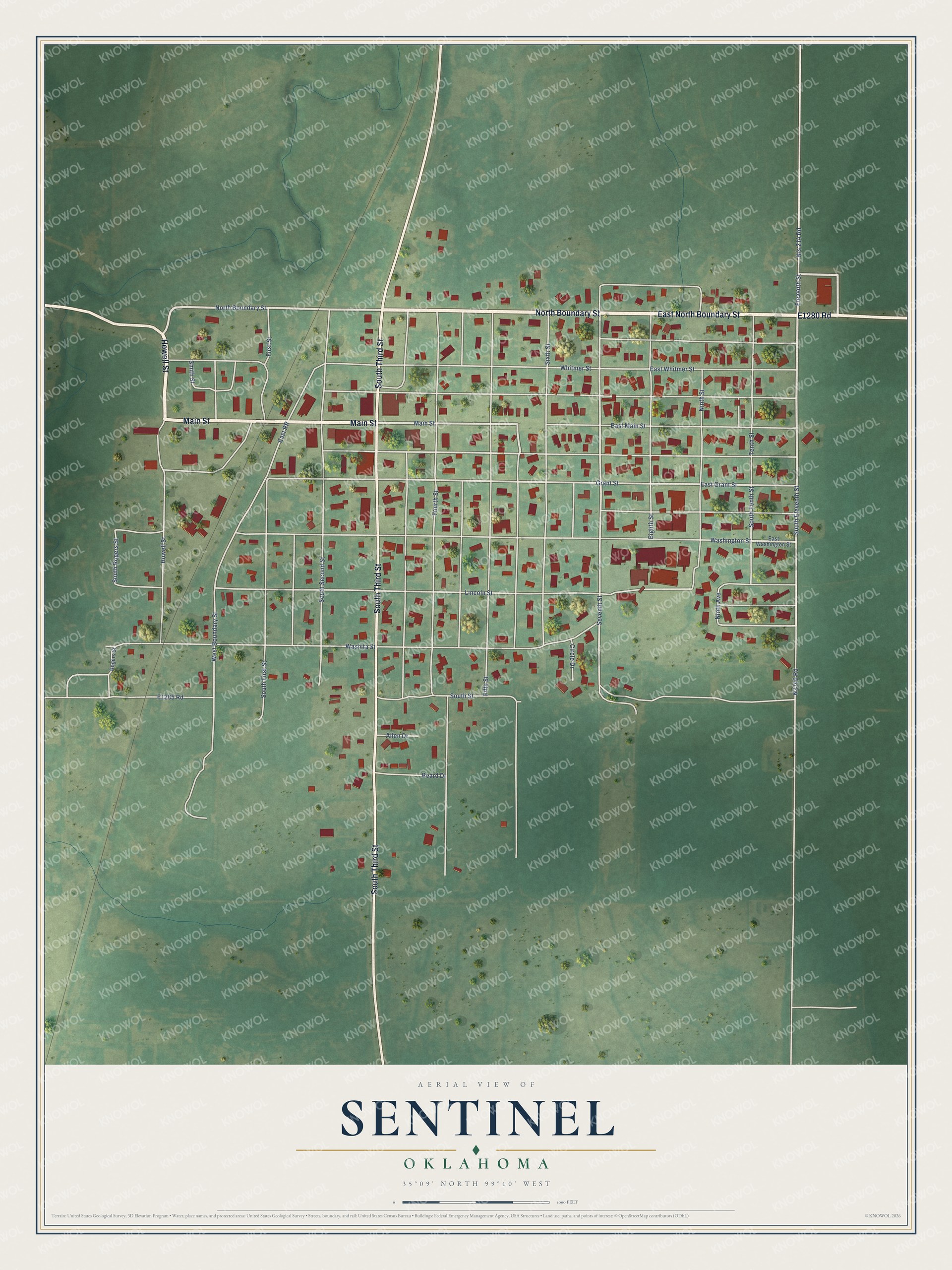 Full map of Sentinel, Oklahoma, with red buildings, printed street names and the land around them