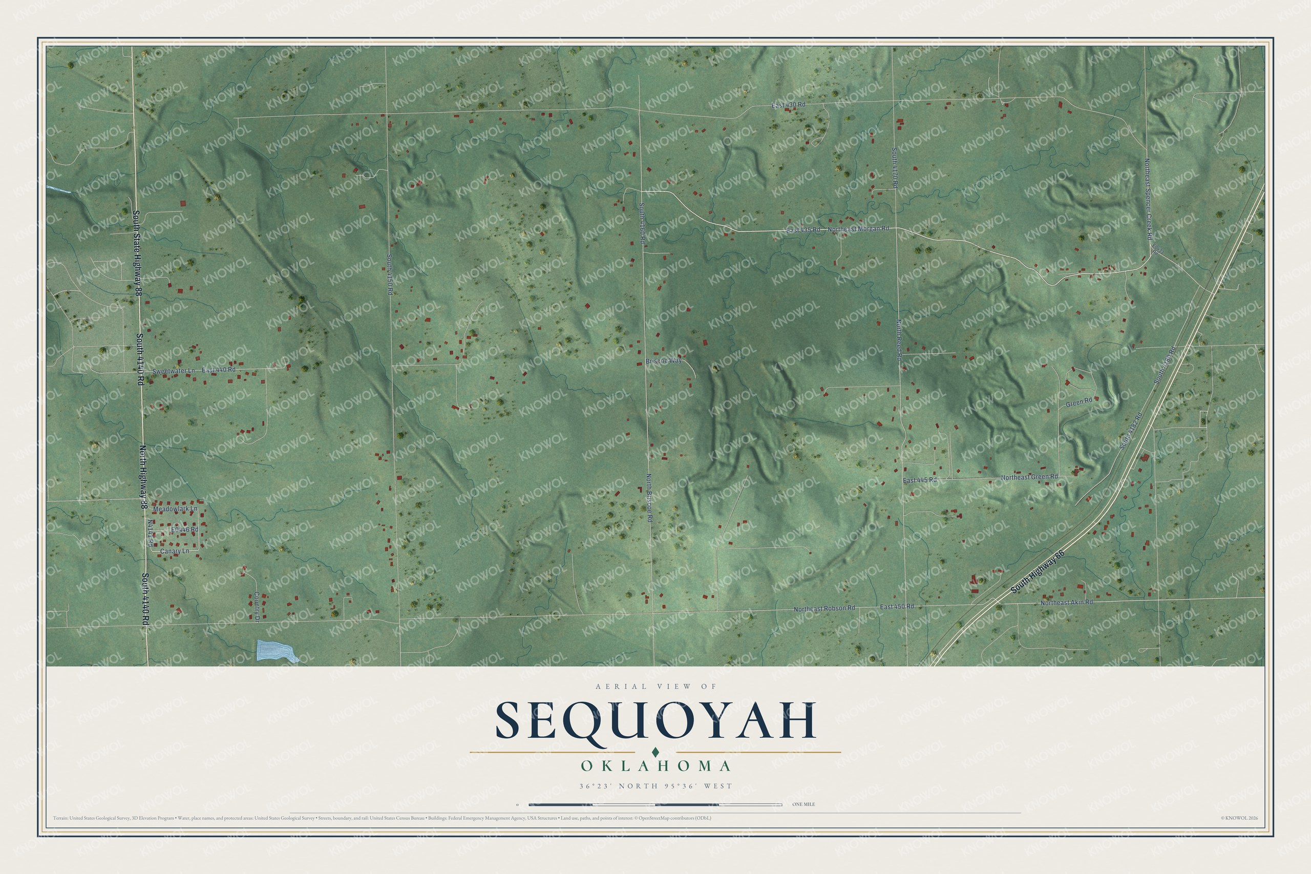 Full map of Sequoyah, Oklahoma, with red buildings, printed street names and the land around them